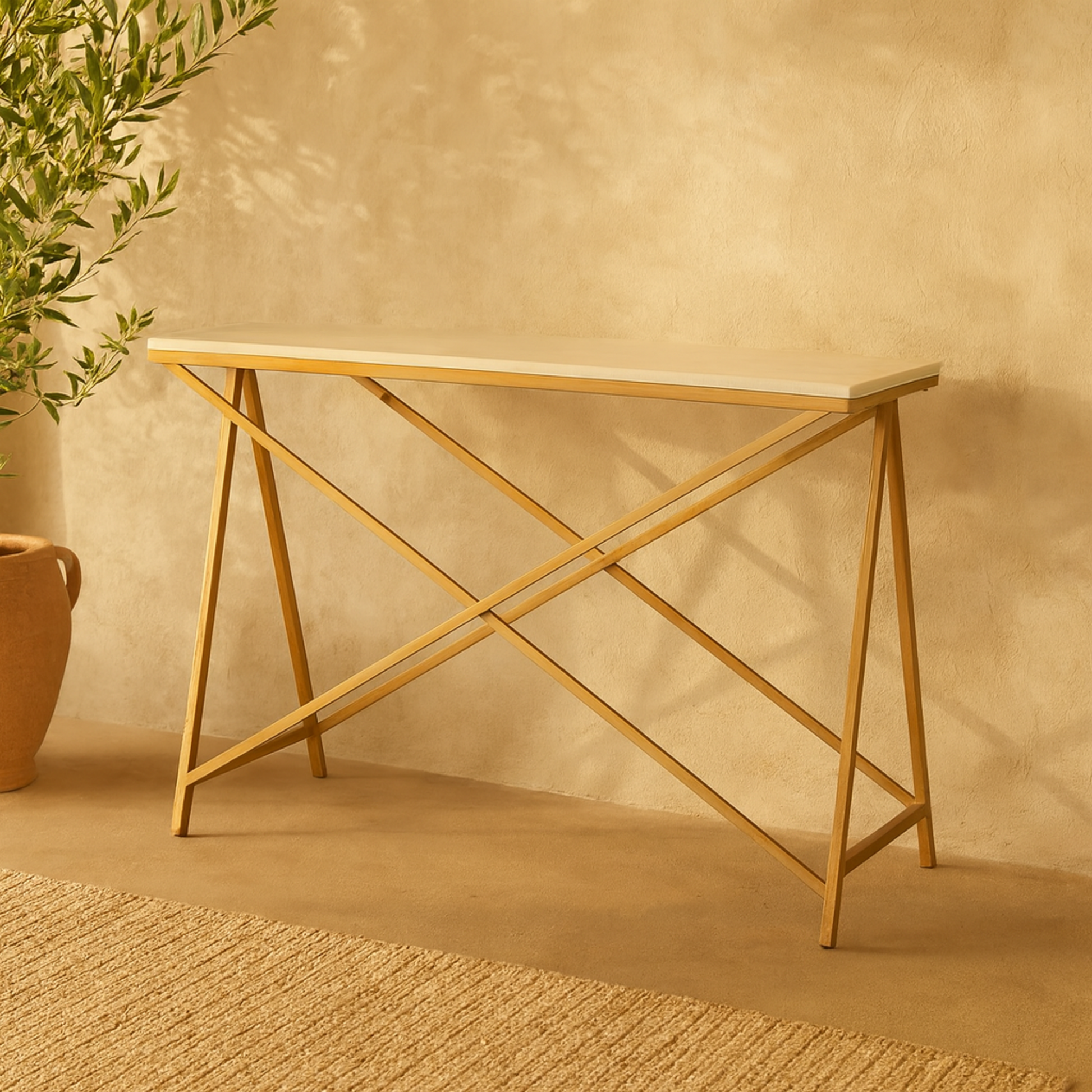 White Marble Rectangular Living Room Console Table with Gold Metal Stand