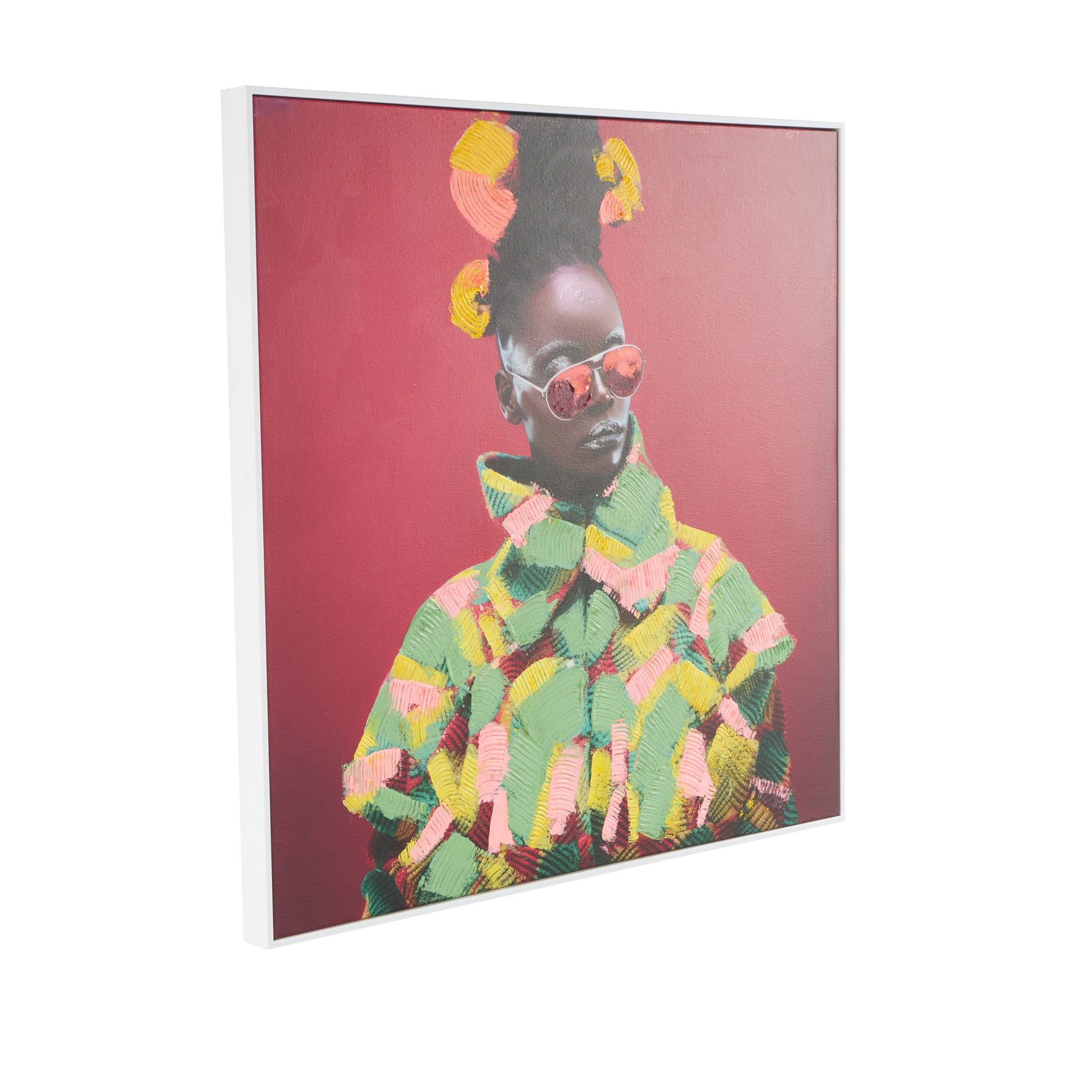 Woman Pink Canvas Chic Living Room Framed Wall Art with Green and Yellow Dresswear