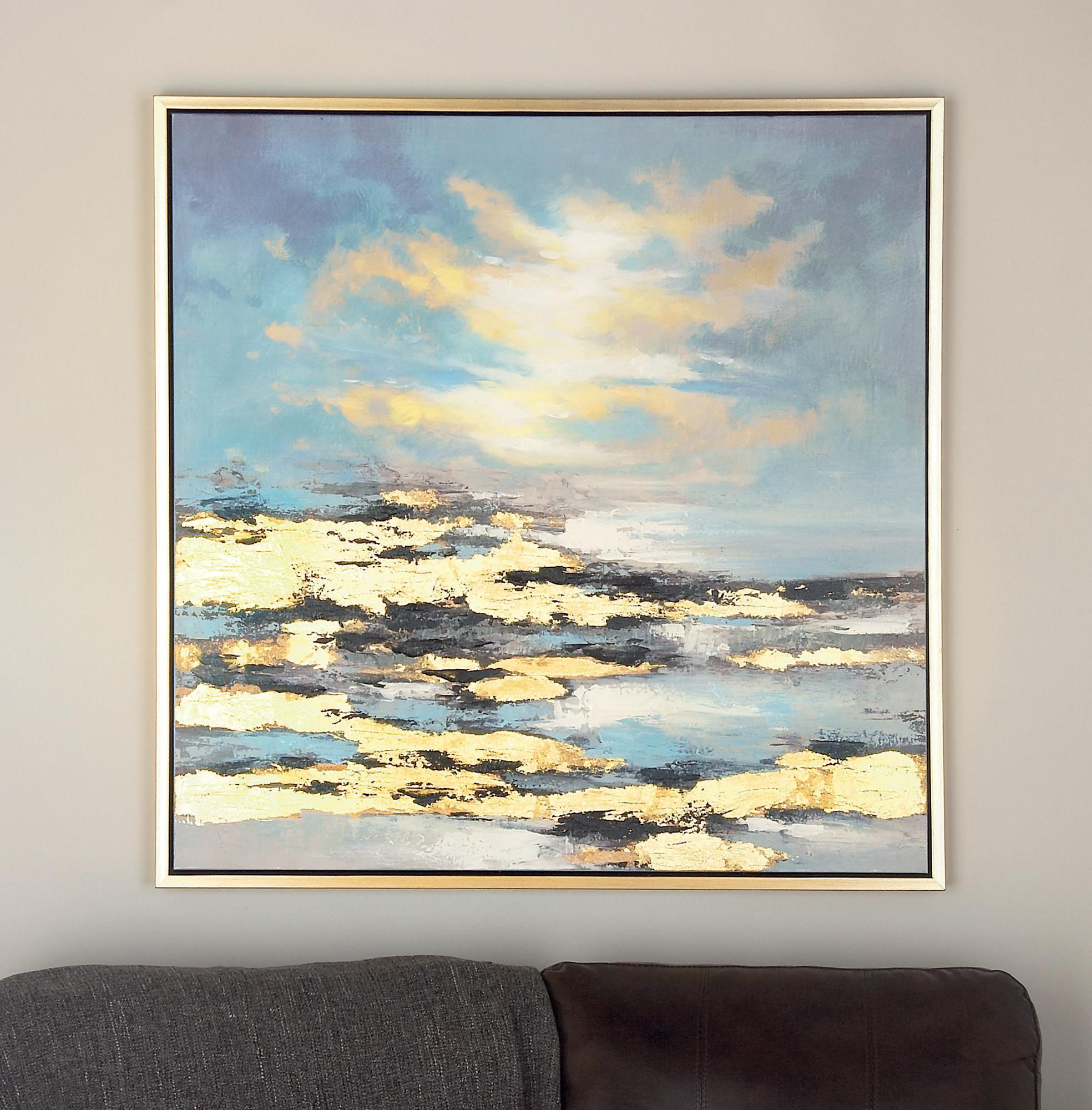 Geode Blue Canvas Landscape Living Room Framed Wall Art with Gold Frame