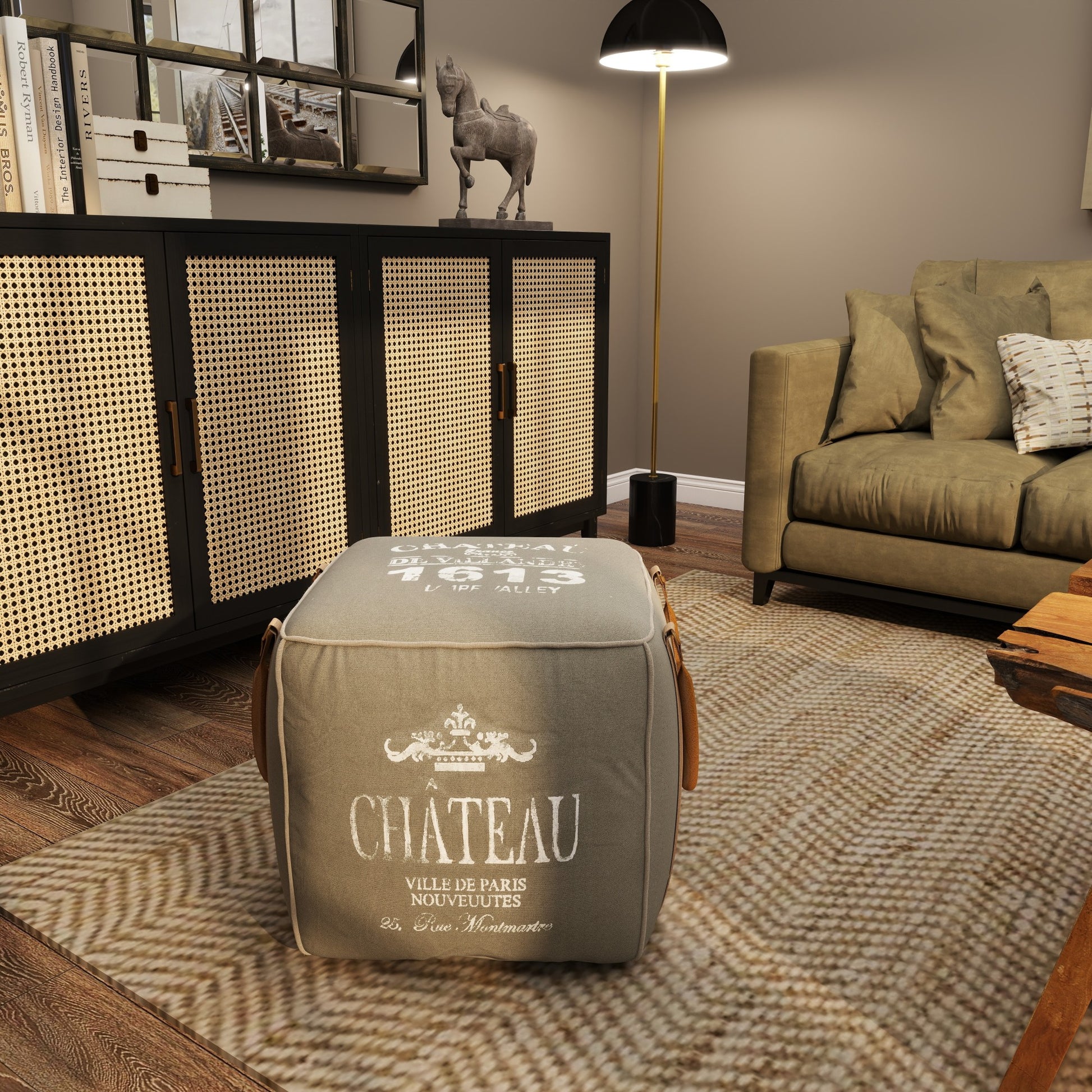 Scroll Canvas France Inspired Stuffed Pouf with Leather Star Pocket and Handles