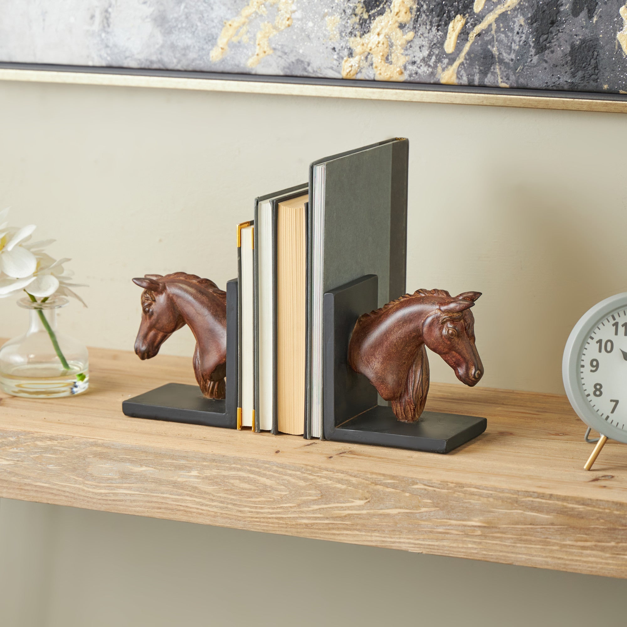 Set of 2 Horse Copper Polyresin Head Decorative Bookends with Black Stands