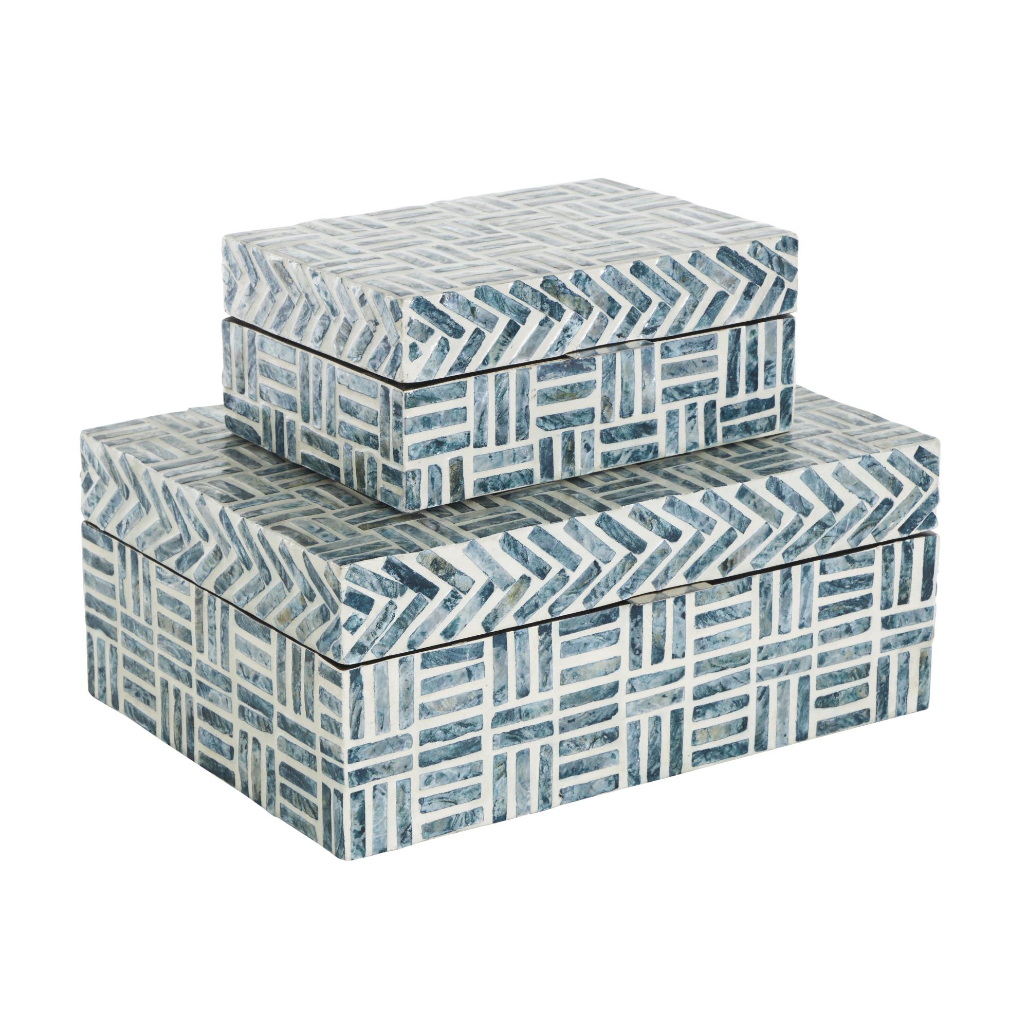 Set of 2 Geometric Blue Mother of Pearl Shell Handmade Mosaic Storage Decorative Box with Cream Underlay
