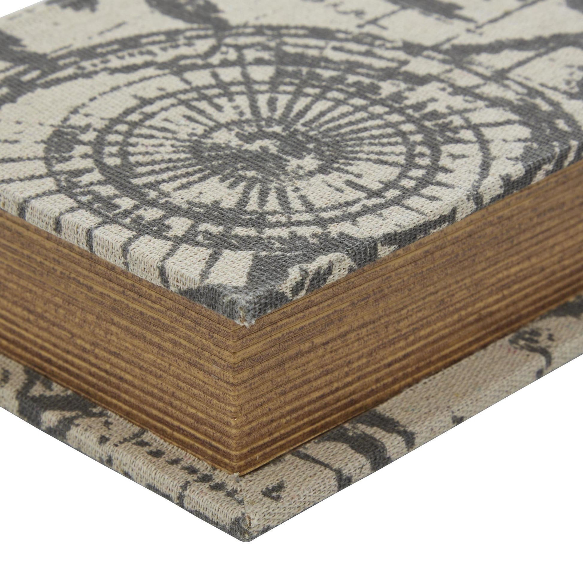 Set of 3 World Map Beige Linen Fabric Faux Book Storage Decorative Box with Black Continents