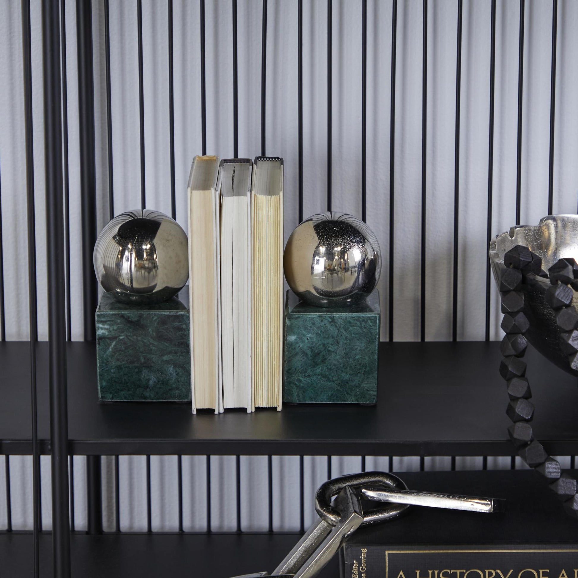 CosmoLiving by Cosmopolitan Set of 2 Marble 7 lbs Decorative Bookends with Silver Aluminum Orb