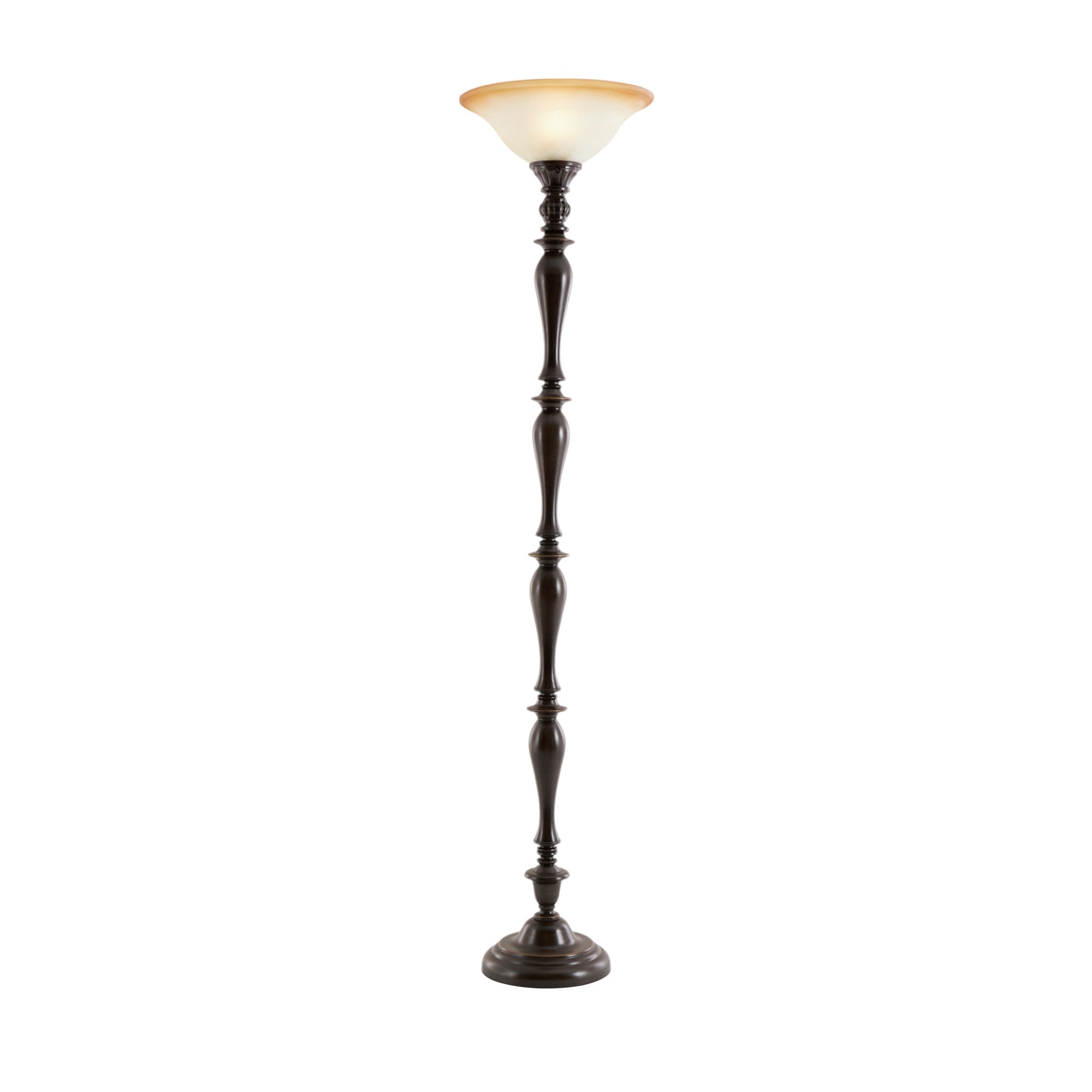 Brown Polystone Antique Style Turned Room Torchiere with Cream Glass Shade