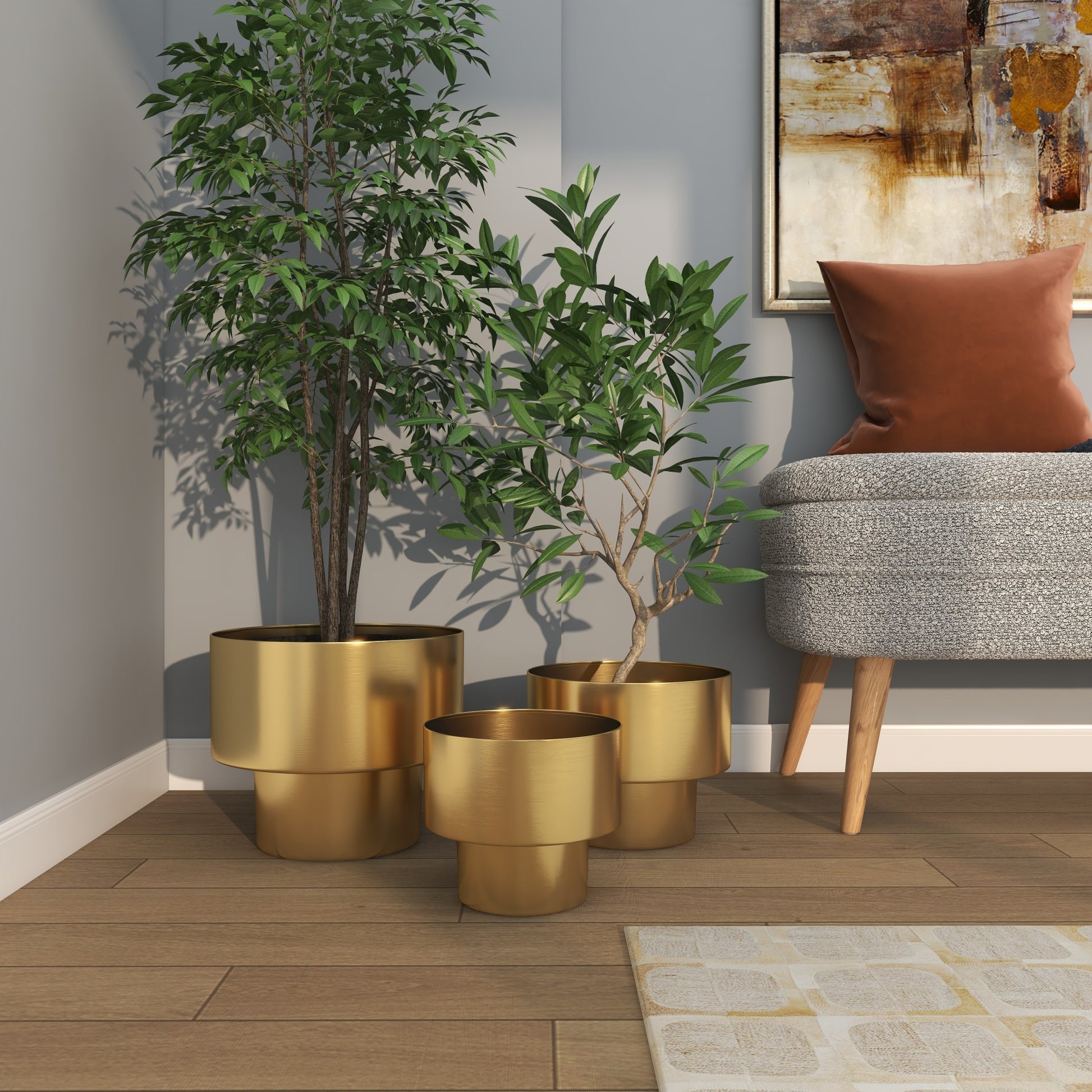 Set of 3 Gold Metal Brushed Indoor Outdoor Planter
