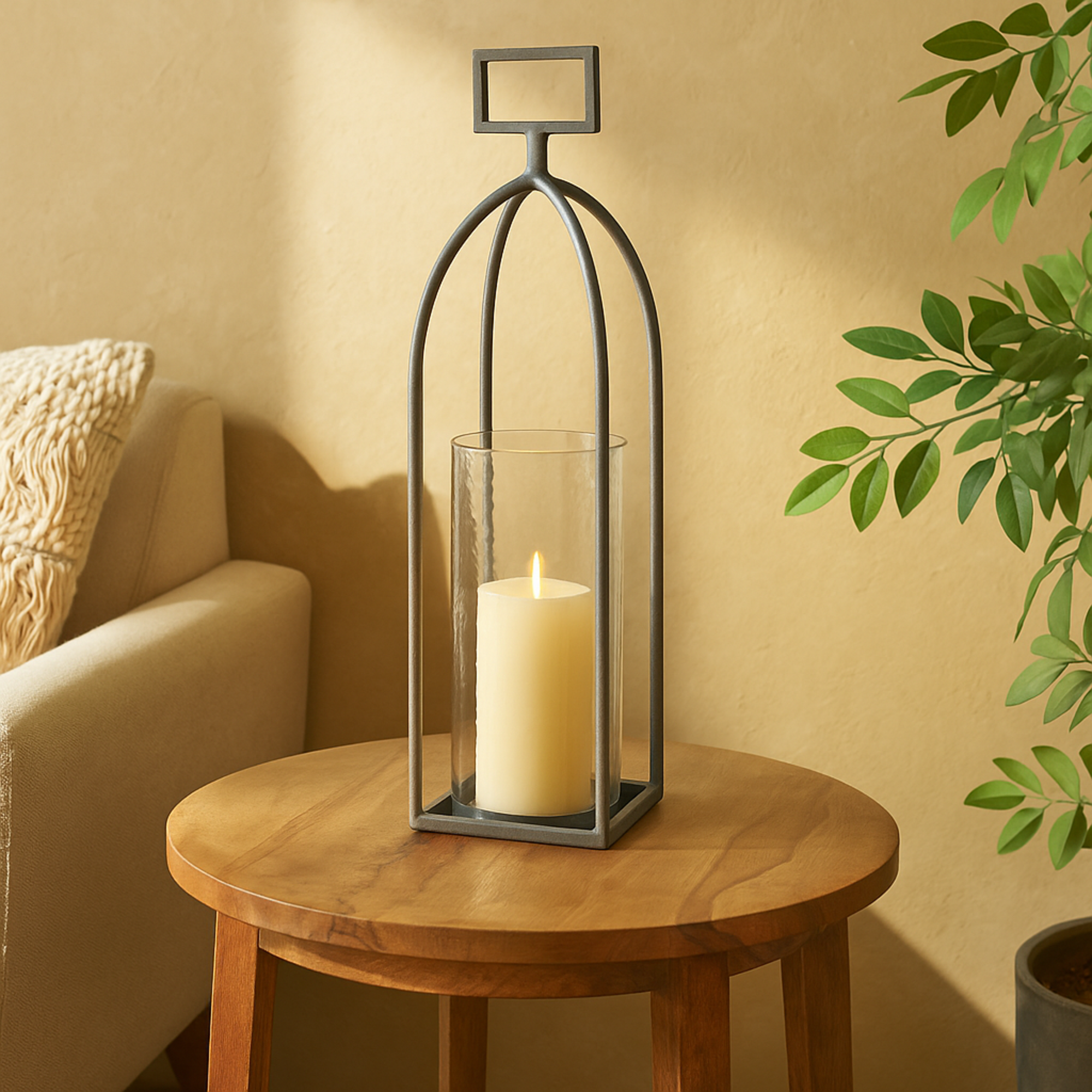 Silver Metal Open Frame Indoor Outdoor Candle Lantern with Rectangle Handles