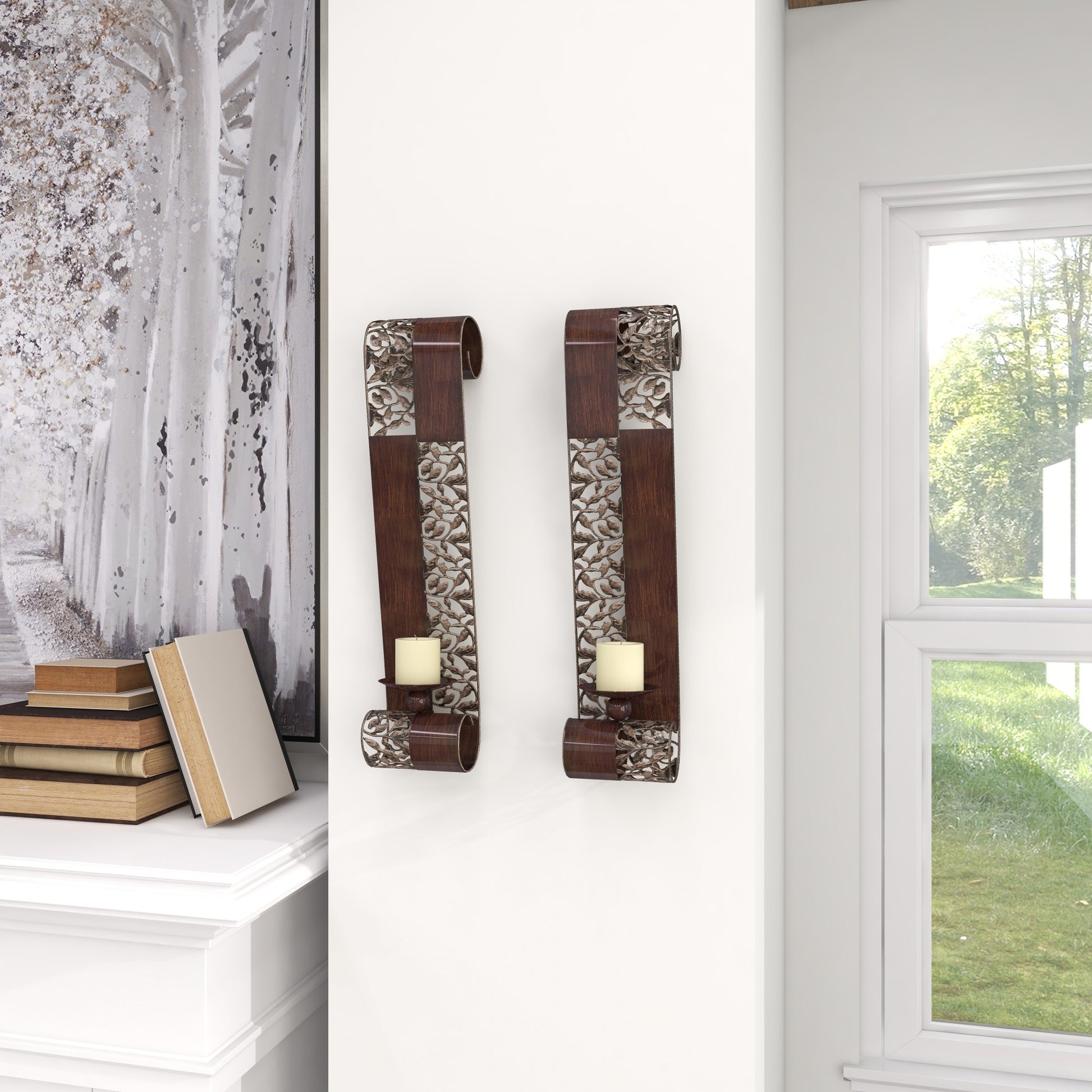 Set of 2 Leaf Brown Metal Cutout Indoor Outdoor Wall Sconce with Scrolled Edges