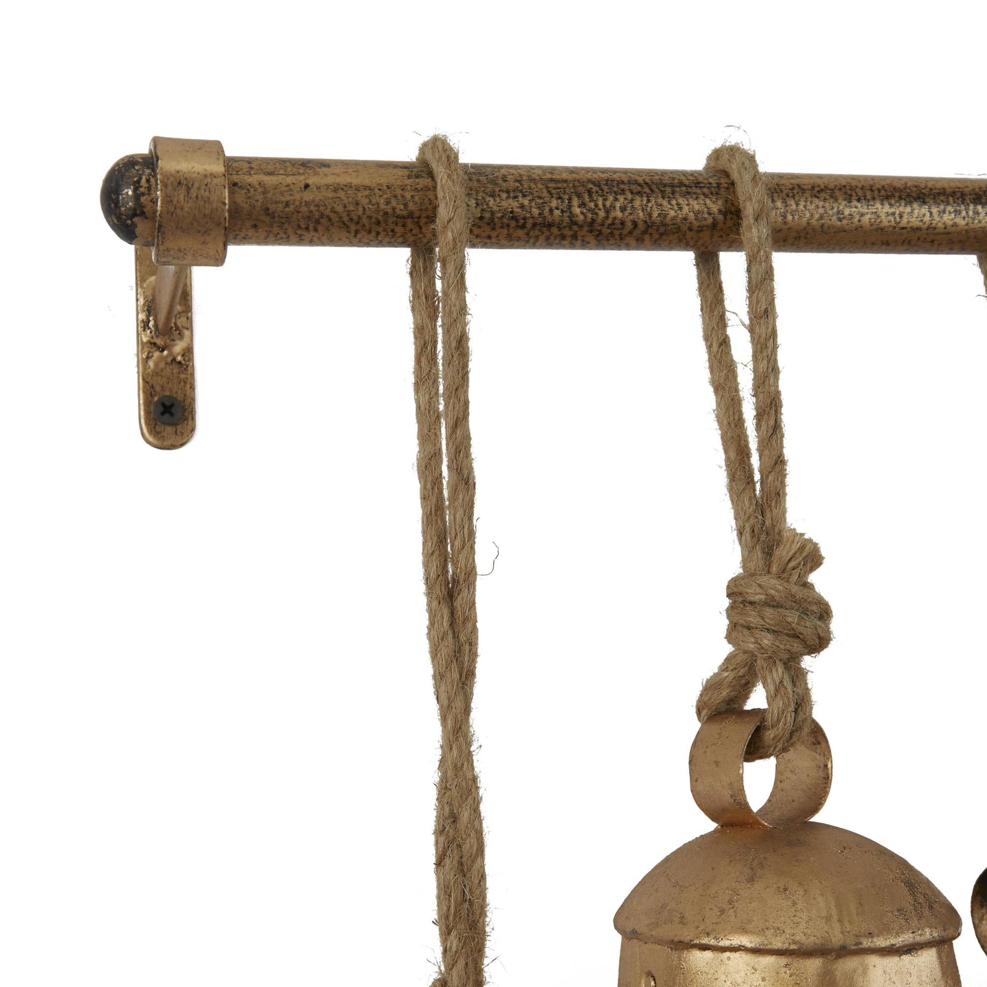 Metal Tibetan Inspired 12 Bell Indoor Outdoor Decorative Cow Bells with Hanging Ropes and Rod