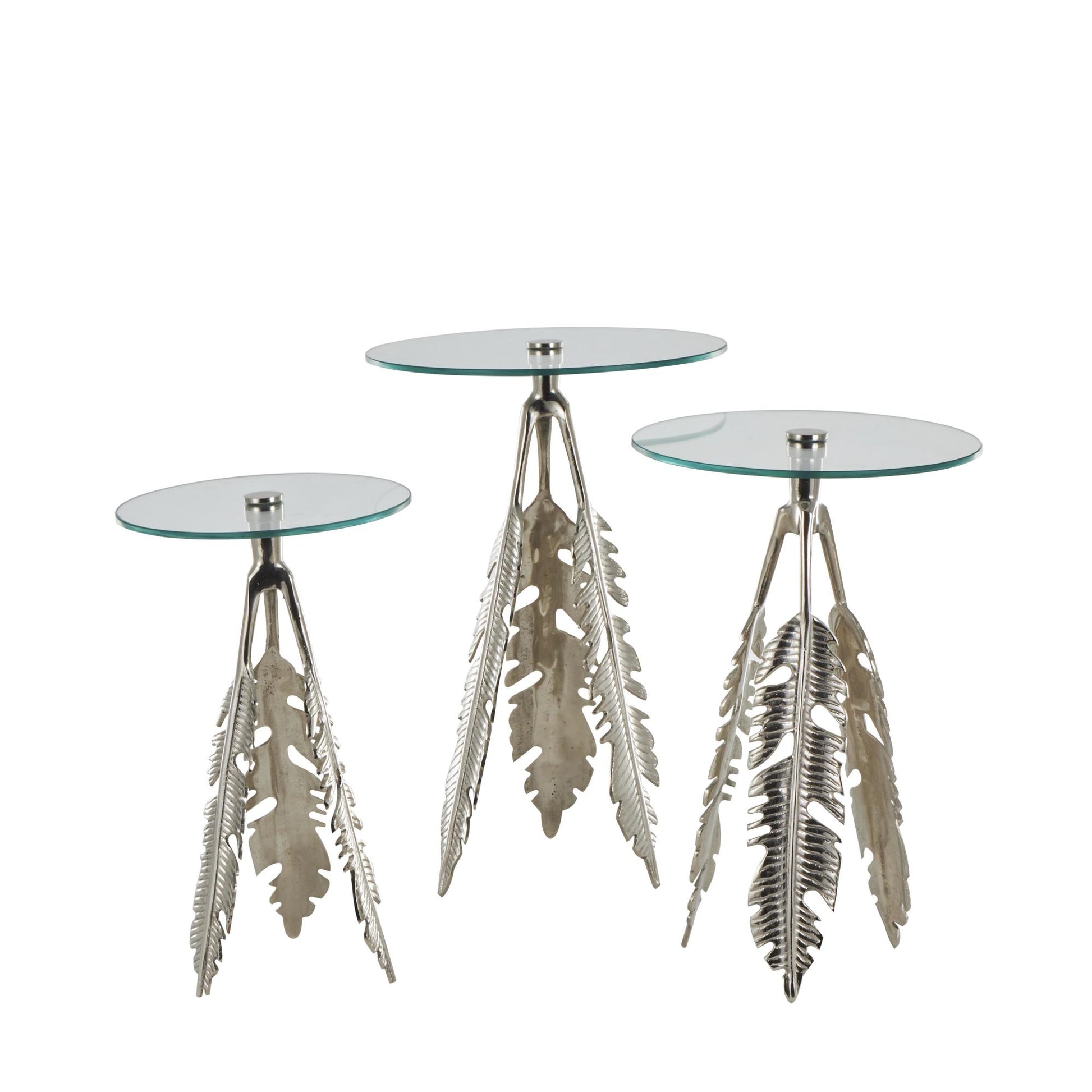 Set of 3 Leaf Aluminum Metal Side End Accent Table with Tripod Legs and Tempered Glass Top