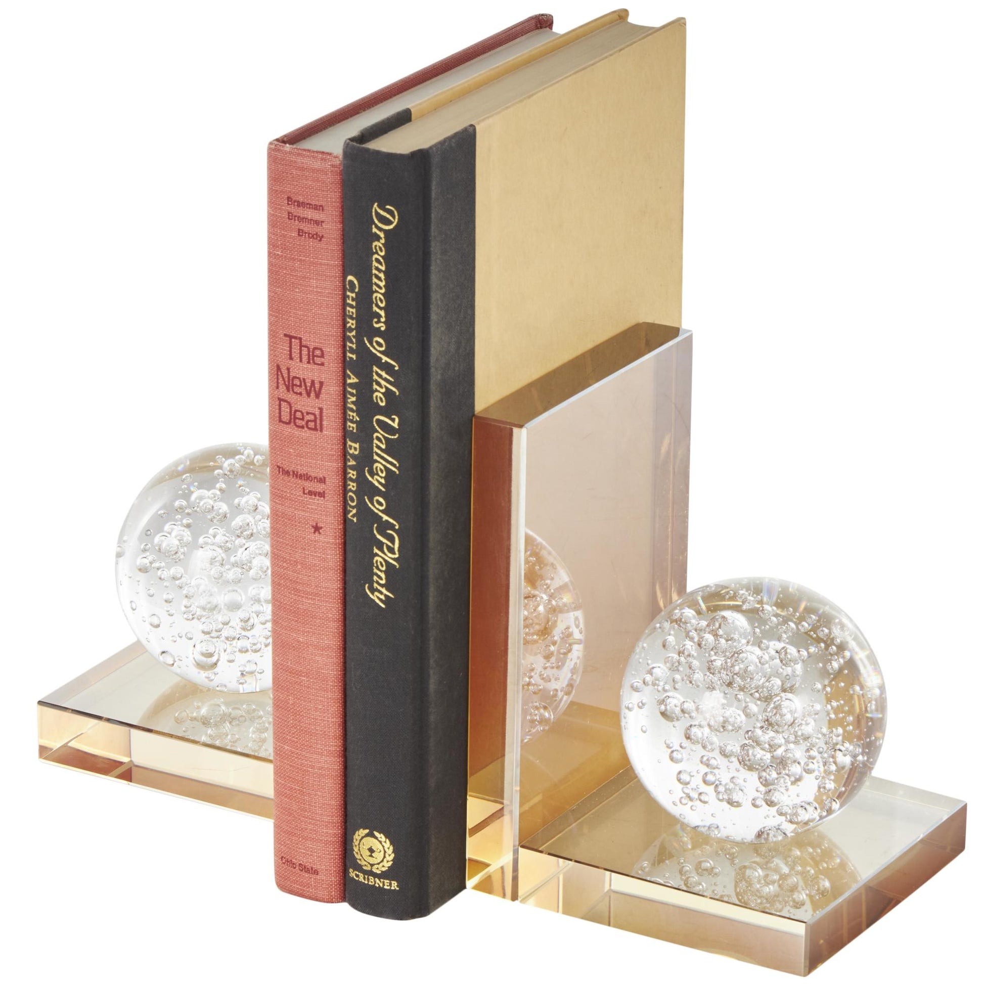 Set of 2 Geometric Gold Glass Decorative Bookends with Clear Orbs and Bubble Texturing