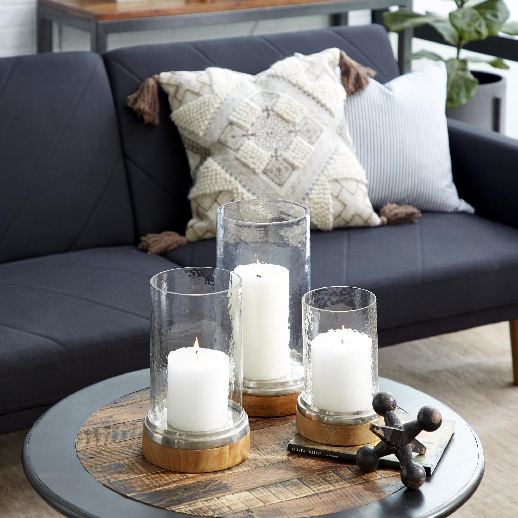 Set of 3 Brown Wood Pillar Room Hurricane Lamp with Glass Candle Holders