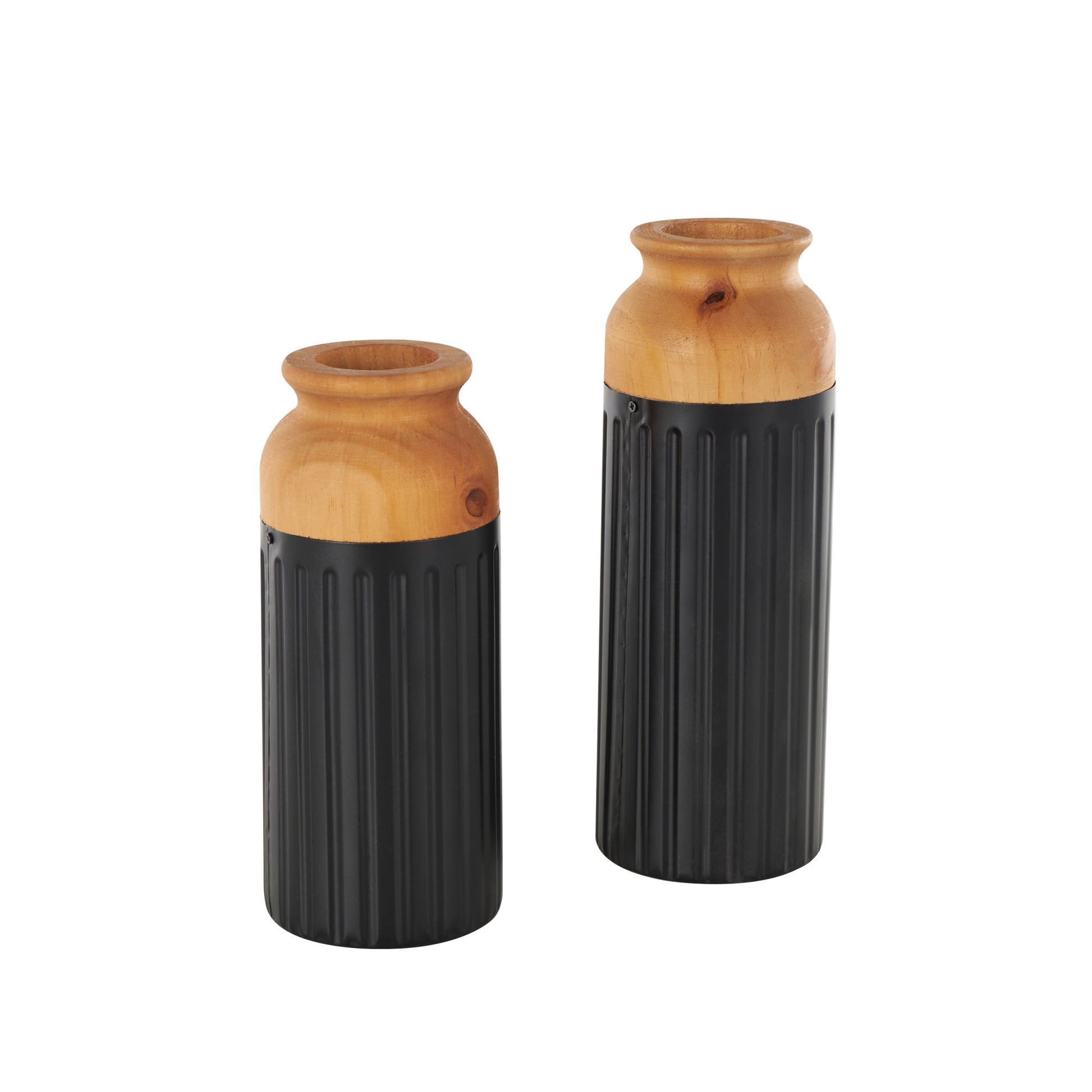 Set of 2 Metal Color Block Decorative Vase with Rounded Linear Grooves and Brown Wood Tops