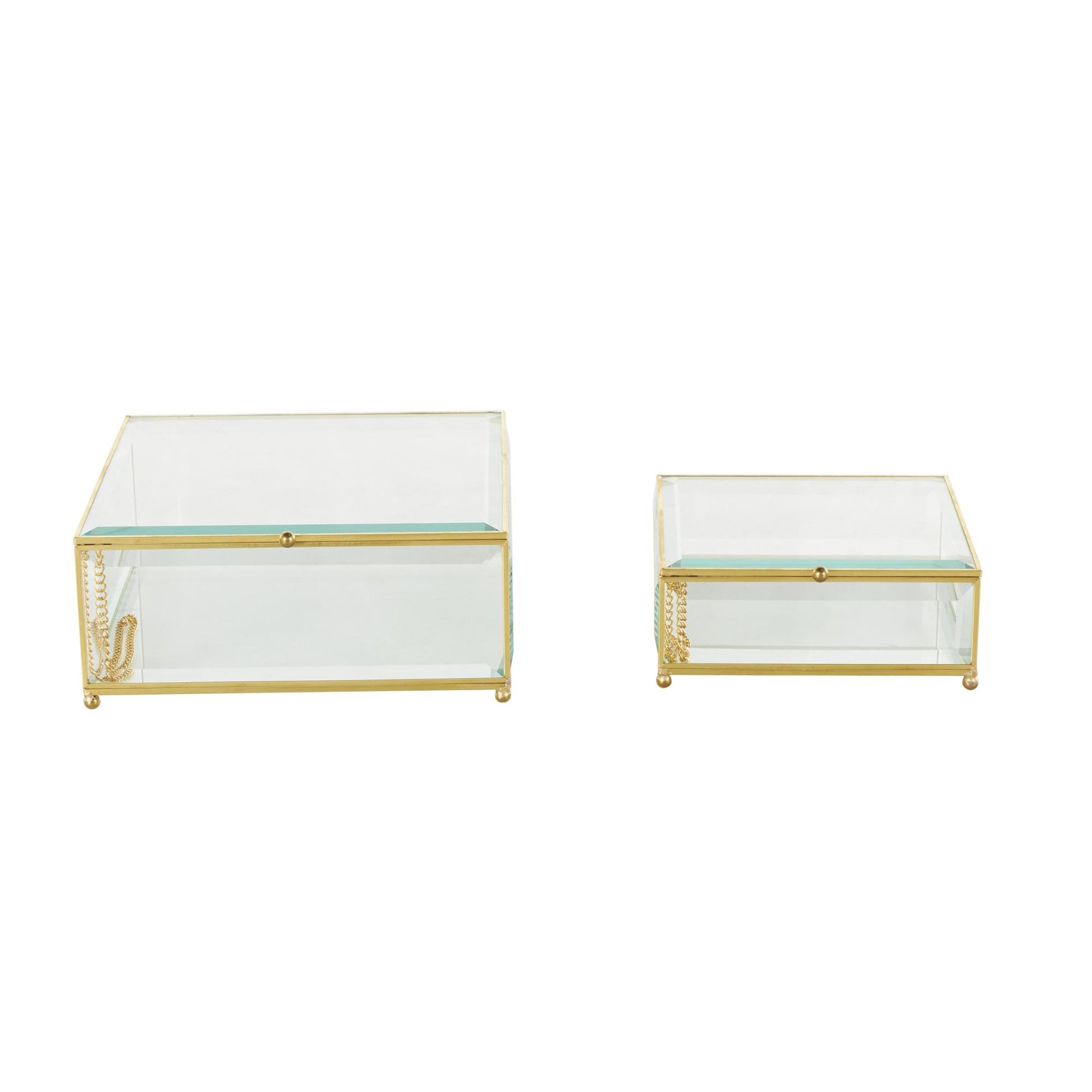 Set of 2 Clear Glass Beveled Decorative Jewelry Box with Gold Metal Frame and Chain Accent