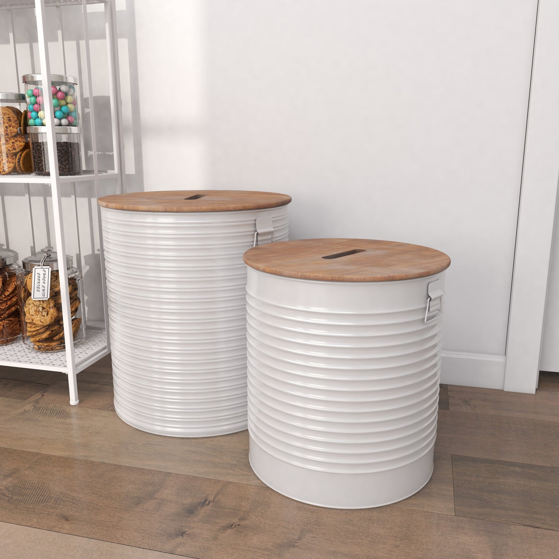 Set of 2 White Metal Room Storage Stool with Brown Wood Top