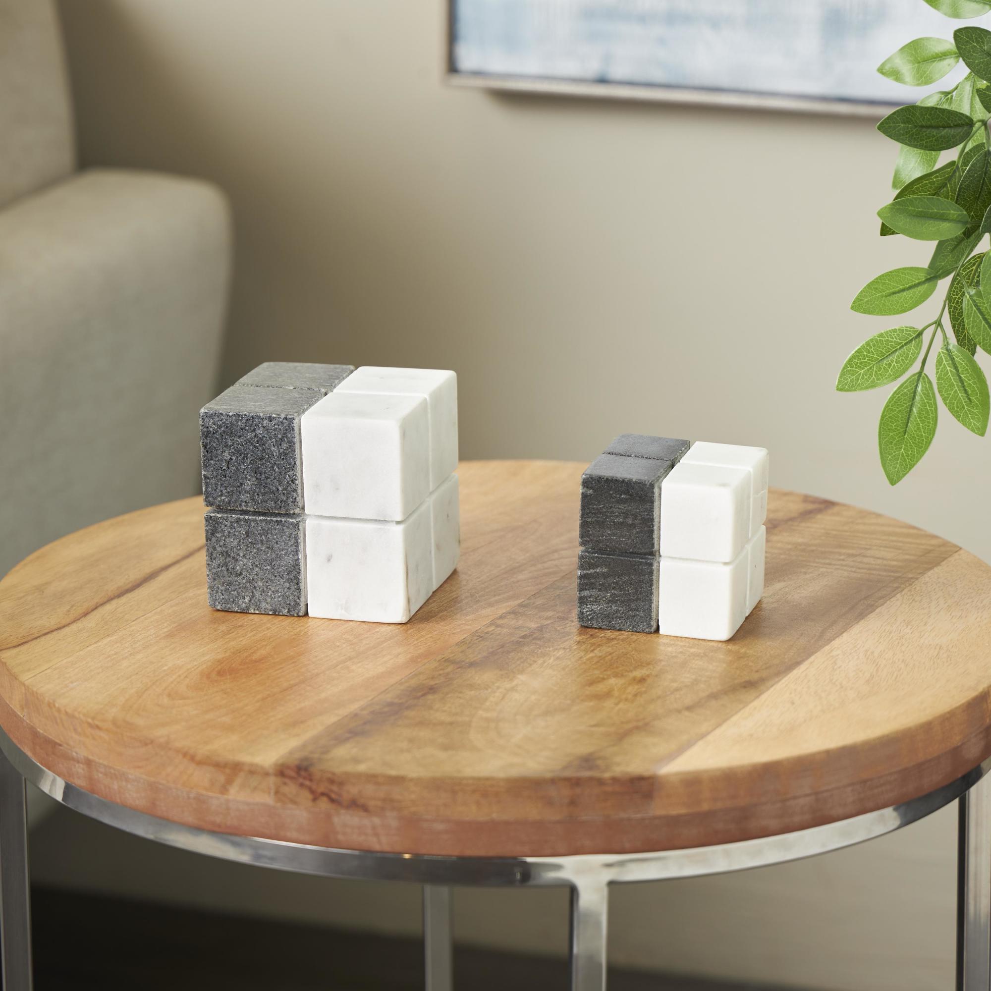 Set of 2 Geometric White Marble Dice Decorative Sculpture with Black Accent