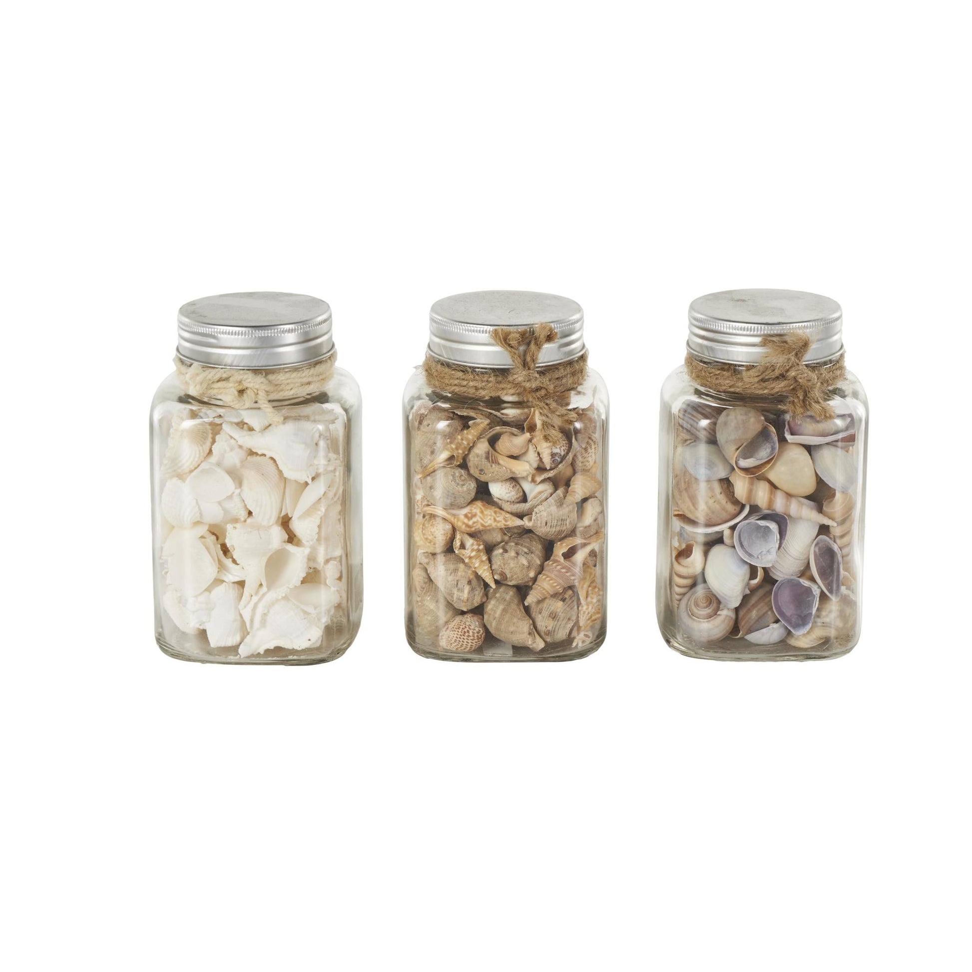 Set of 3 Clear Glass Decorative Orbs & Vase Filler with Seashells and Jute Rope Accents