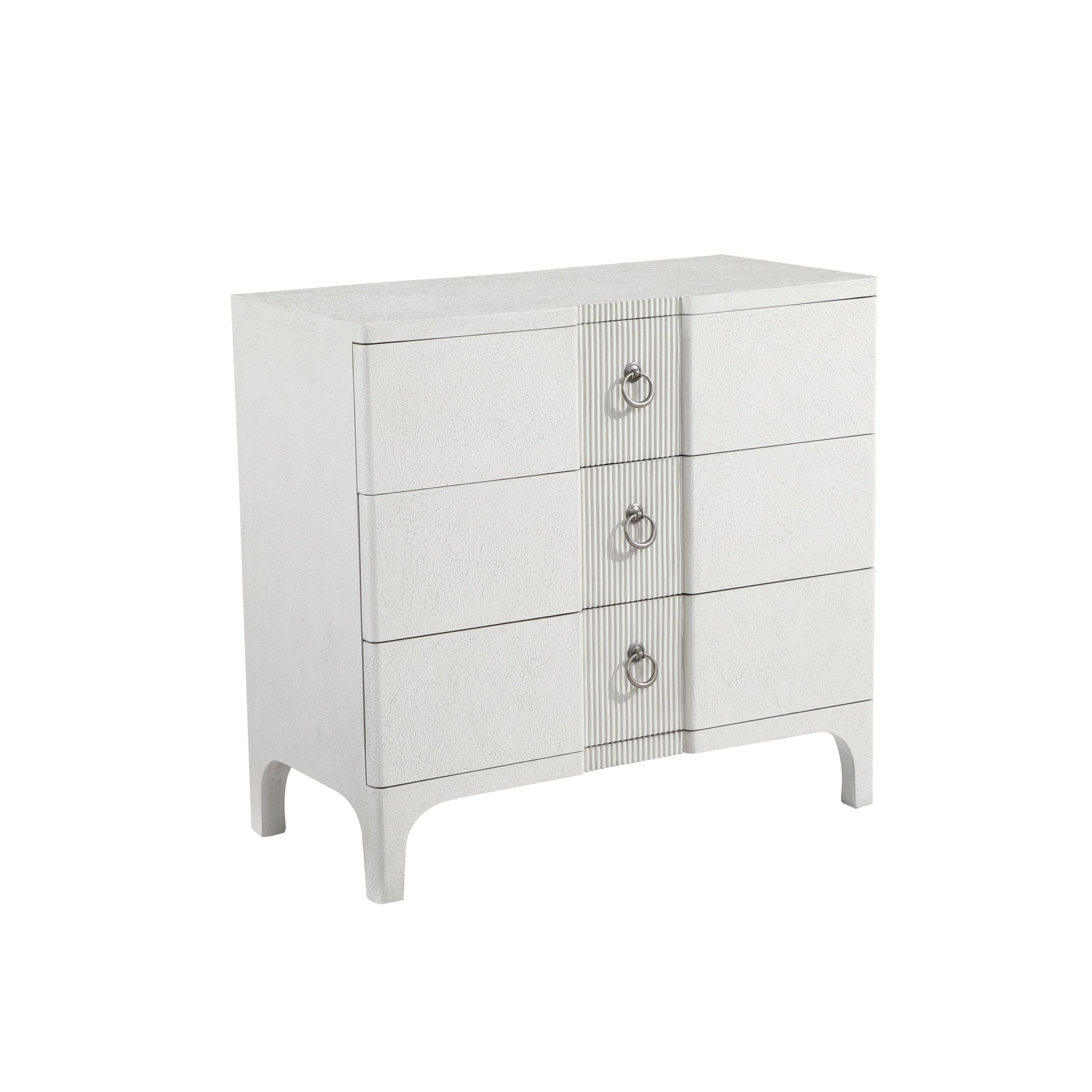 White Wooden Textured 3 Drawer Room Chest with Silver Ring Handles and Ribbed Front