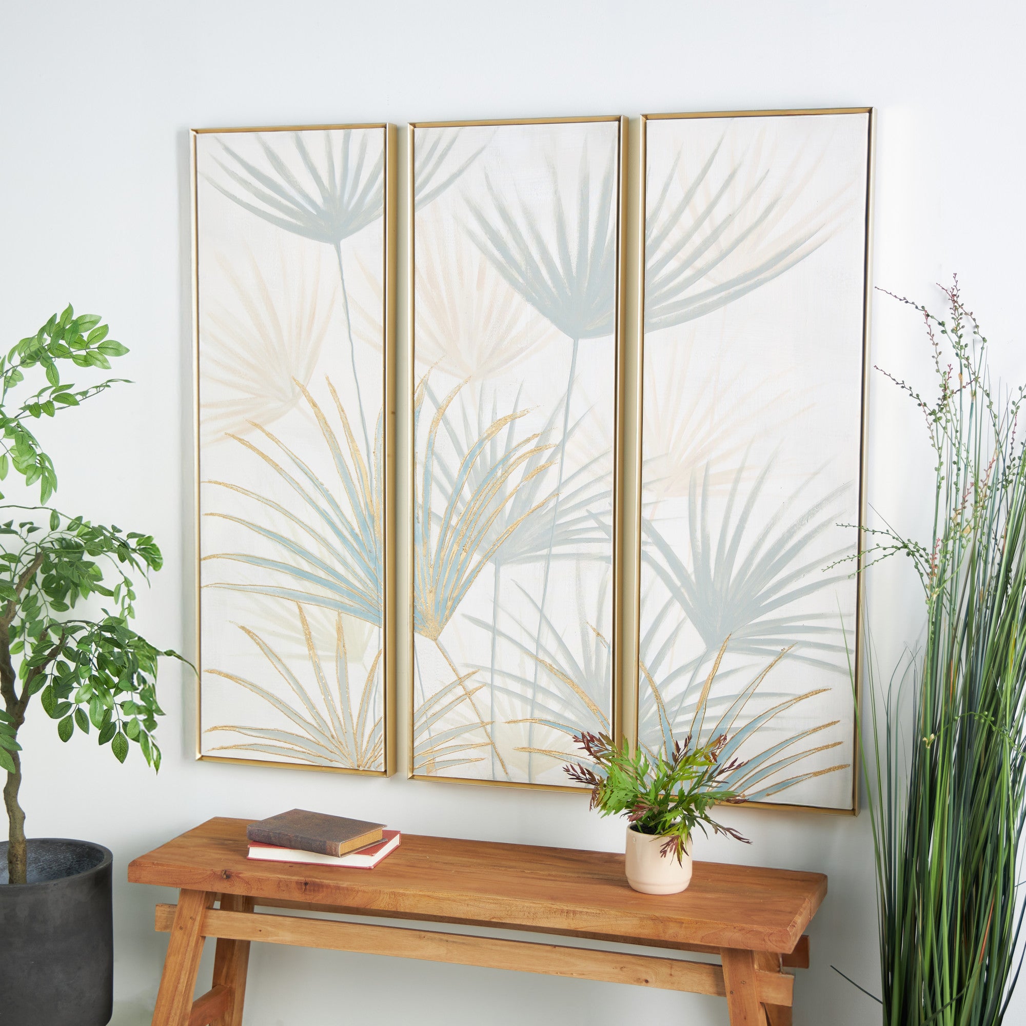 Set of 3 Palm Tree Teal Canvas Metallic Layered Leaf Living Room Framed Wall Art with Gold Foil Details