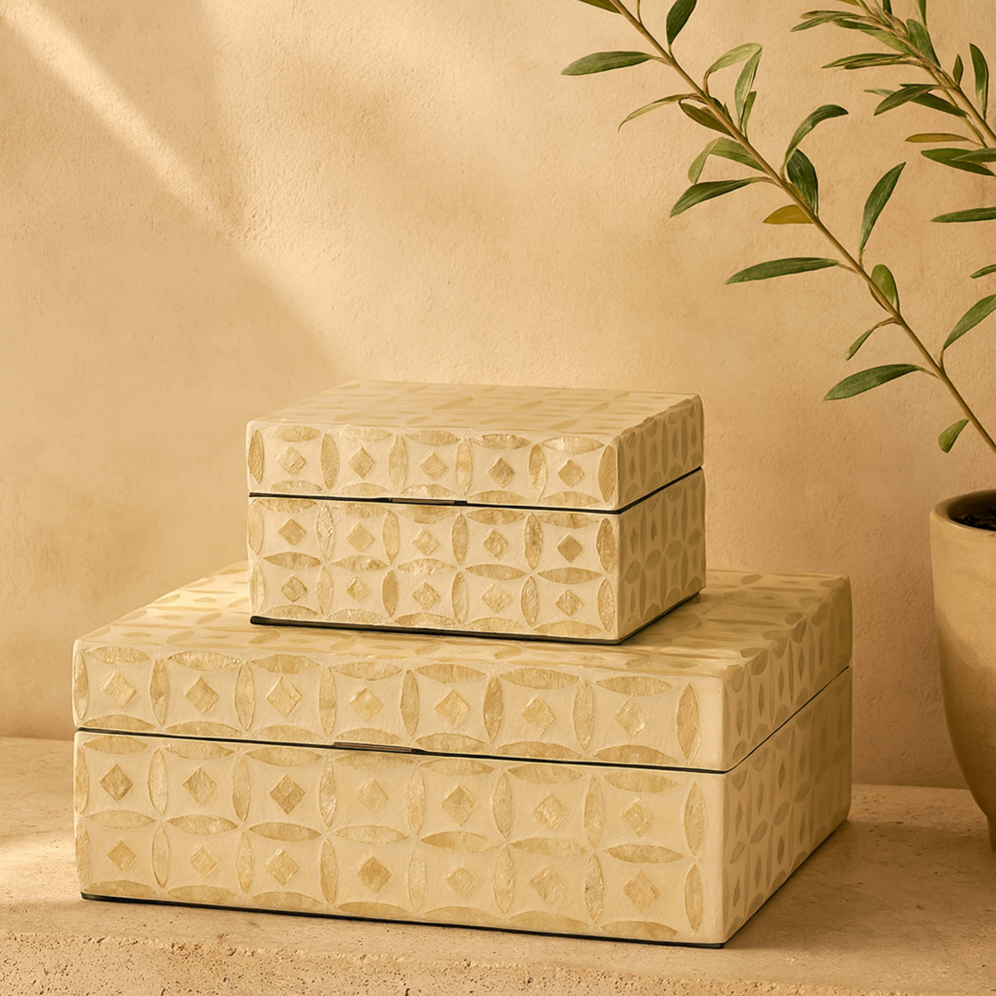 Set of 2 Moroccan Beige Mother of Pearl Shell Mosaic Storage Decorative Box with Taupe Accents