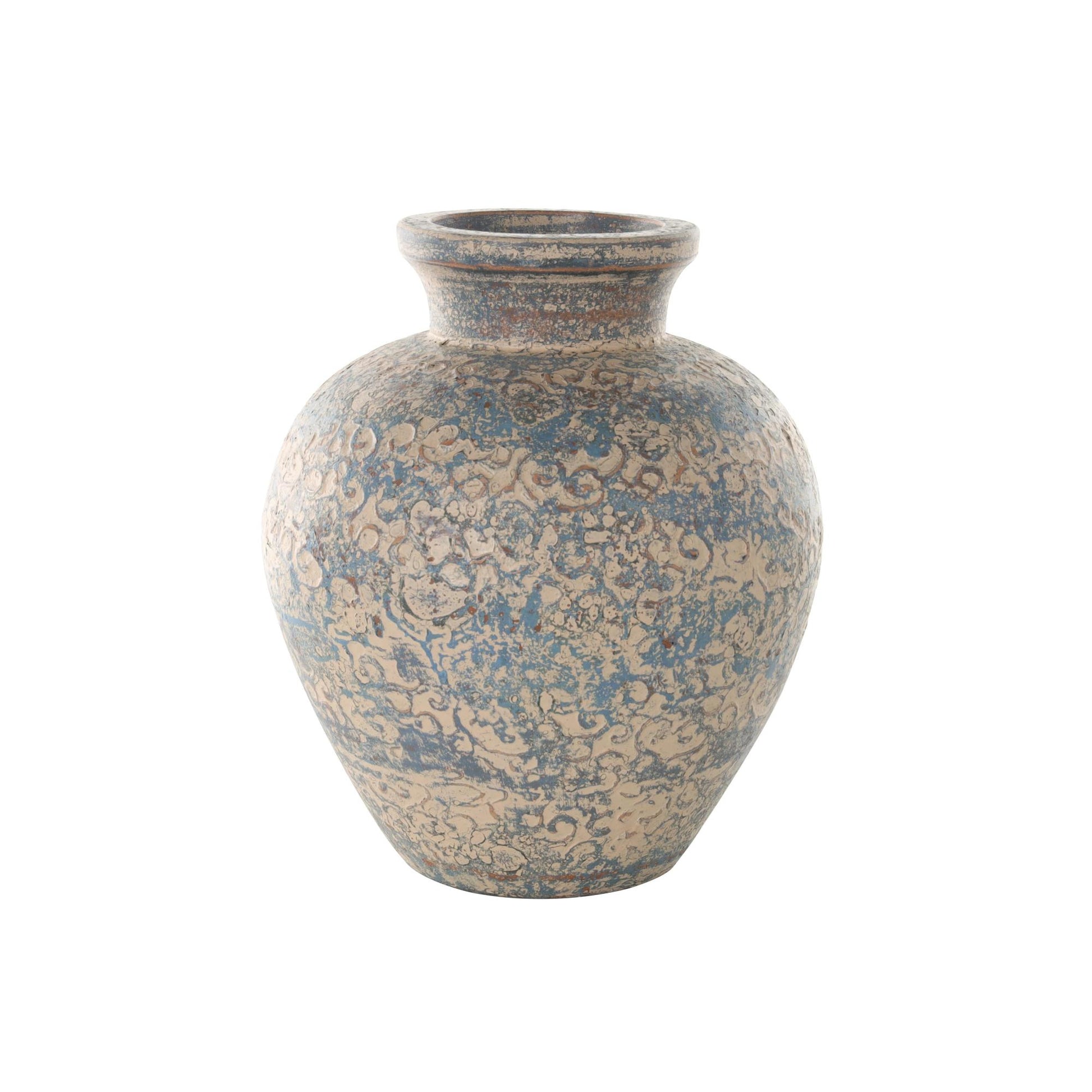 Scroll Beige Ceramic Handmade Antique Style Wide Rounded Decorative Vase with Blue and Copper Accents