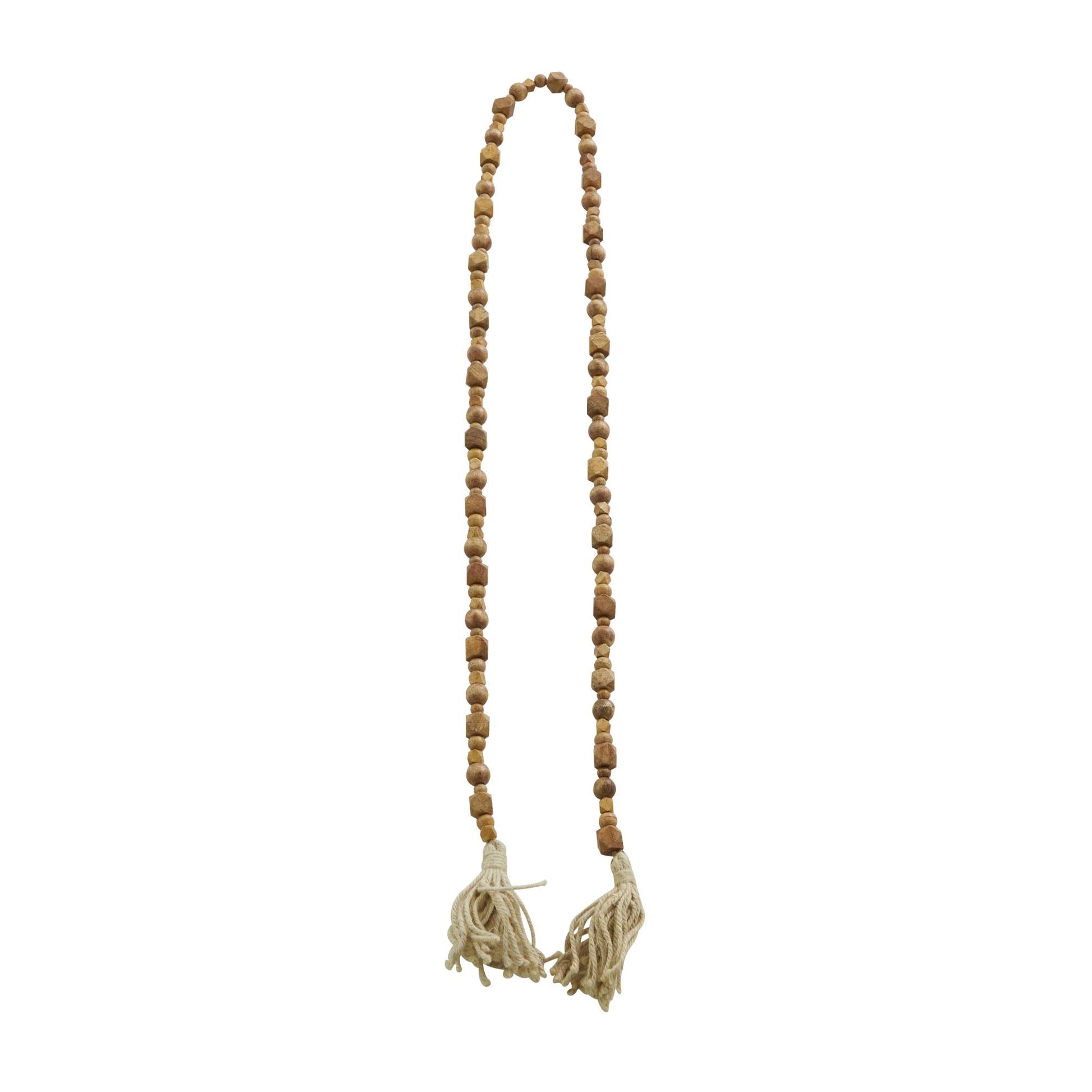 Mango Wood Handmade Hexagon Carved Geometric Long Beaded Garland with Tassel