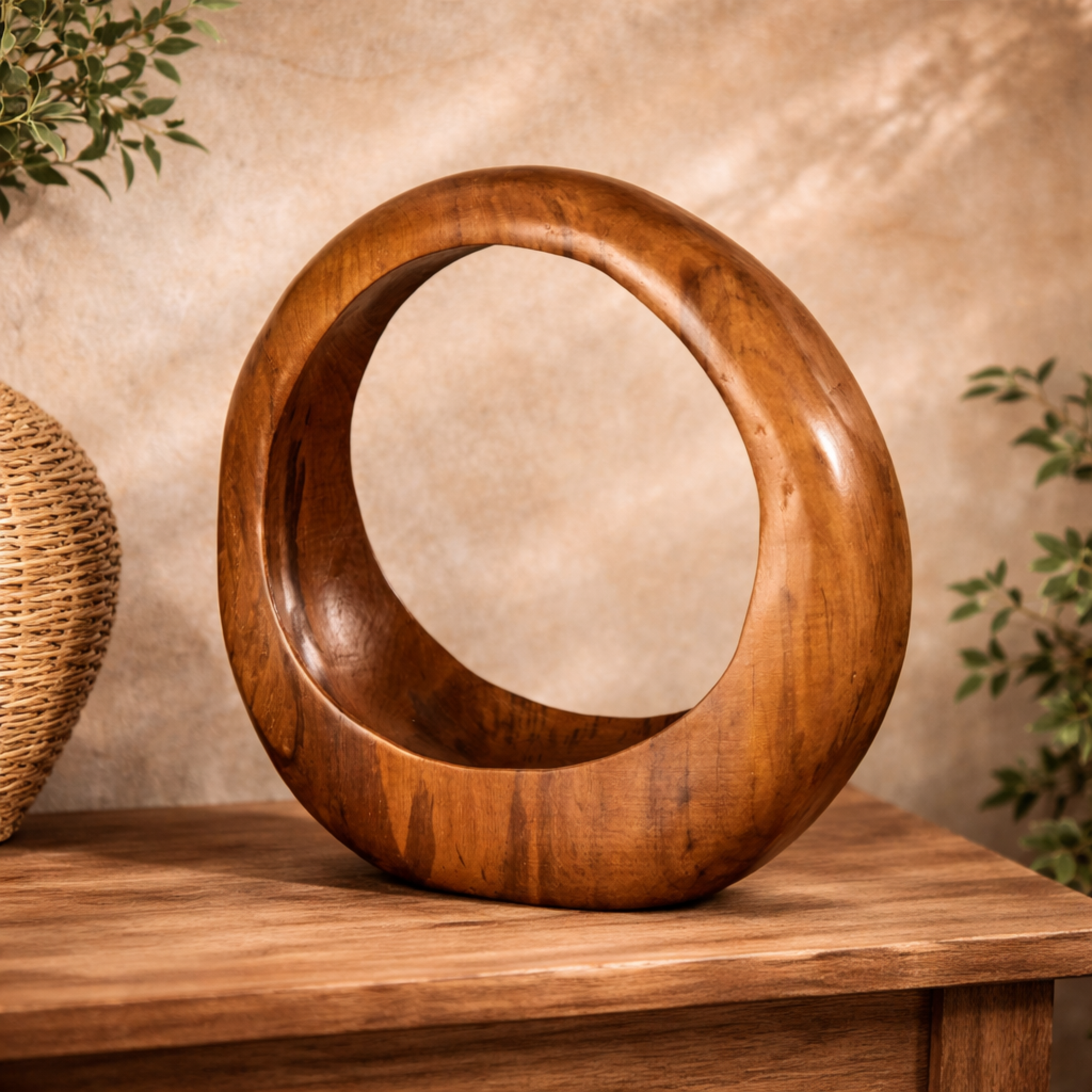 Abstract Brown Teak Wood Handmade Round Decorative Sculpture