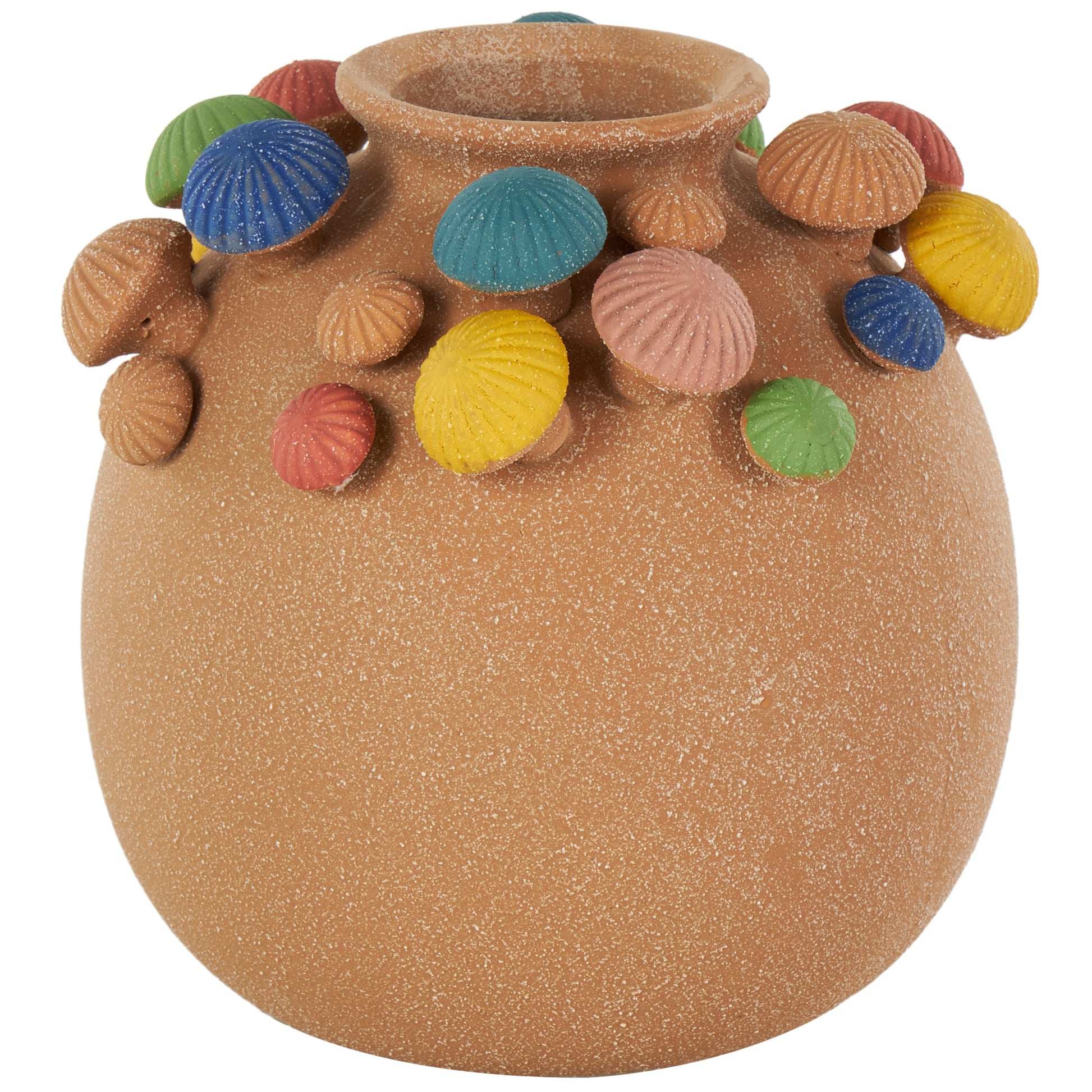 Mushroom Brown Ceramic Round Wide Decorative Vase with Multicolor Accents and White Speckles