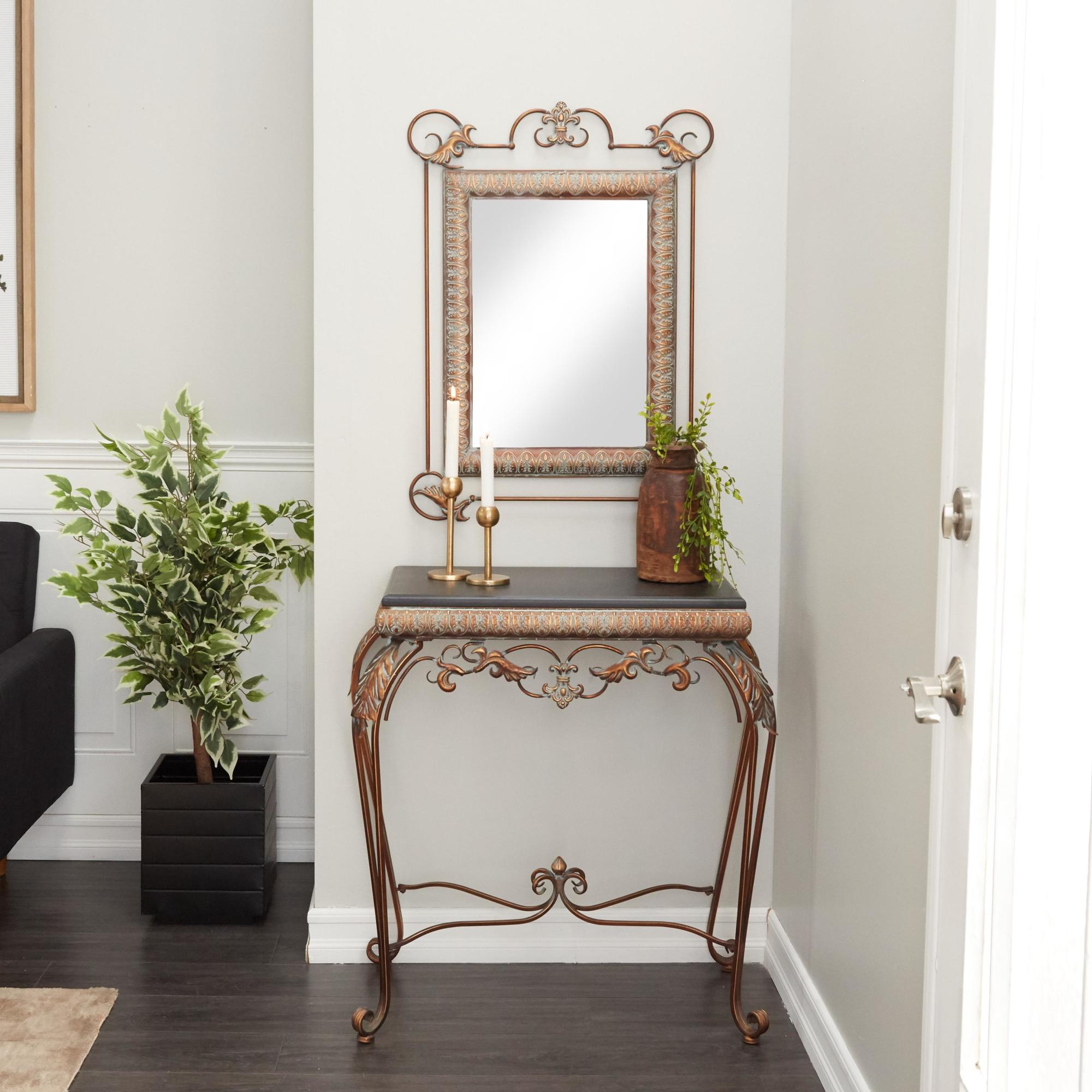 Set of 2 Leaf Bronze Metal Living Room Console Table with Mirror with Scrolled Legs
