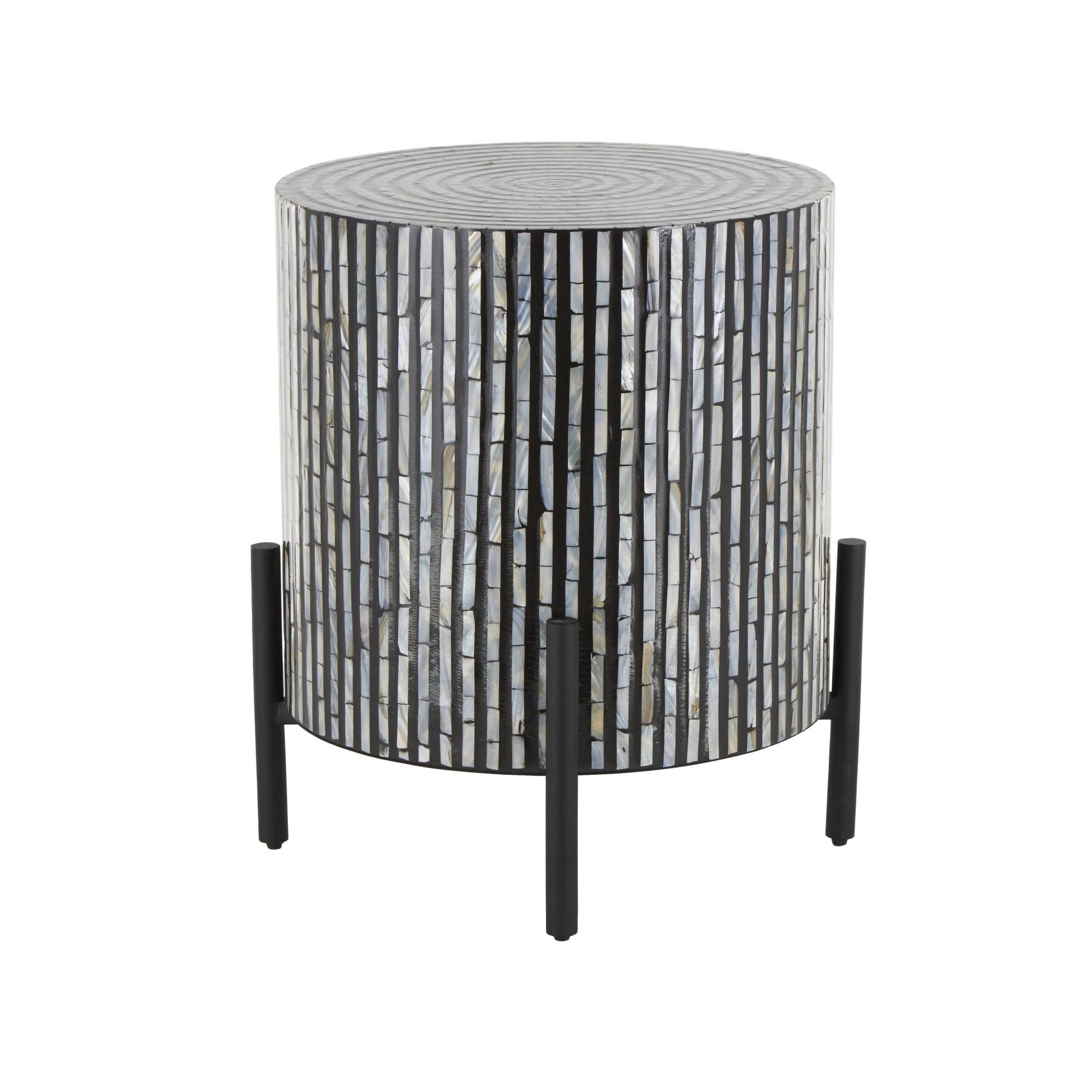 Geometric Mother of Pearl Shell Handmade Inlay Side End Accent Table with Black Legs 18" x 18" x 22"