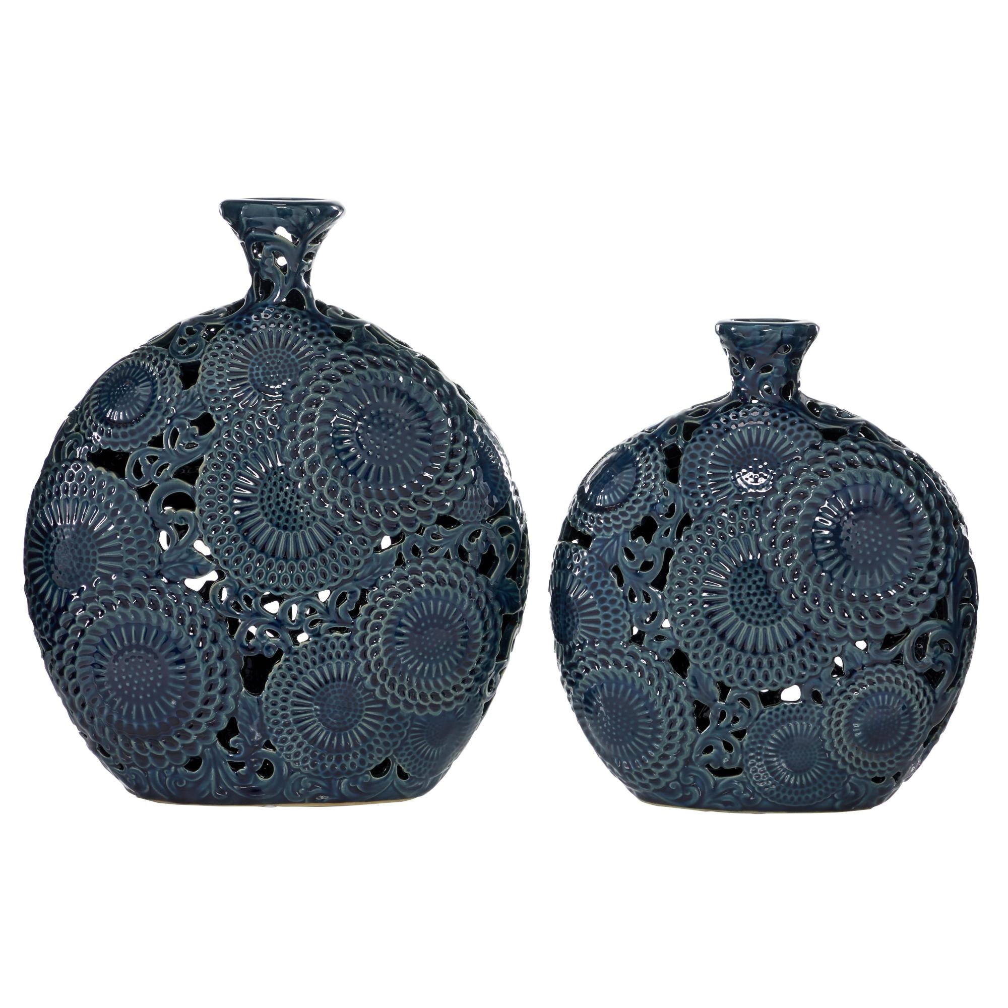 Set of 2 Floral Blue Ceramic Decorative Vase with Cut Out Patterns