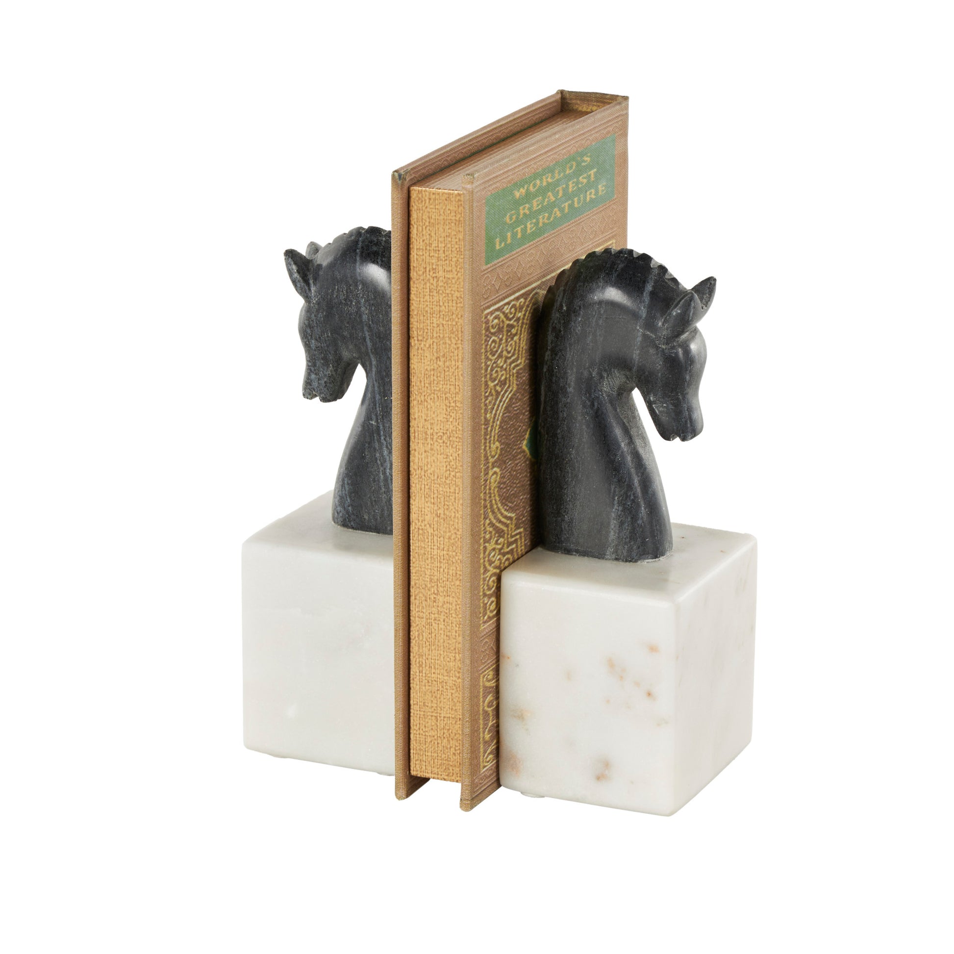 Set of 2 Horse Black Marble Distressed Decorative Bookends with White Block Bases