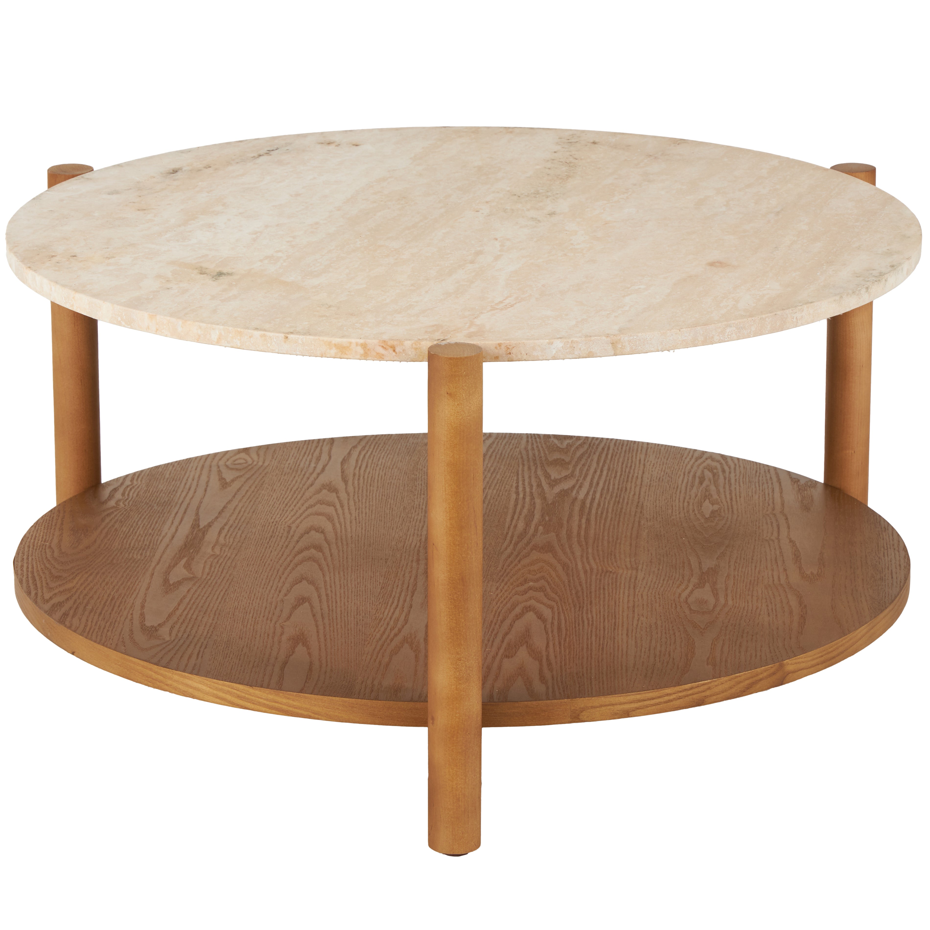 Brown Wood Living Room Coffee Table with Beige Round Marble Top