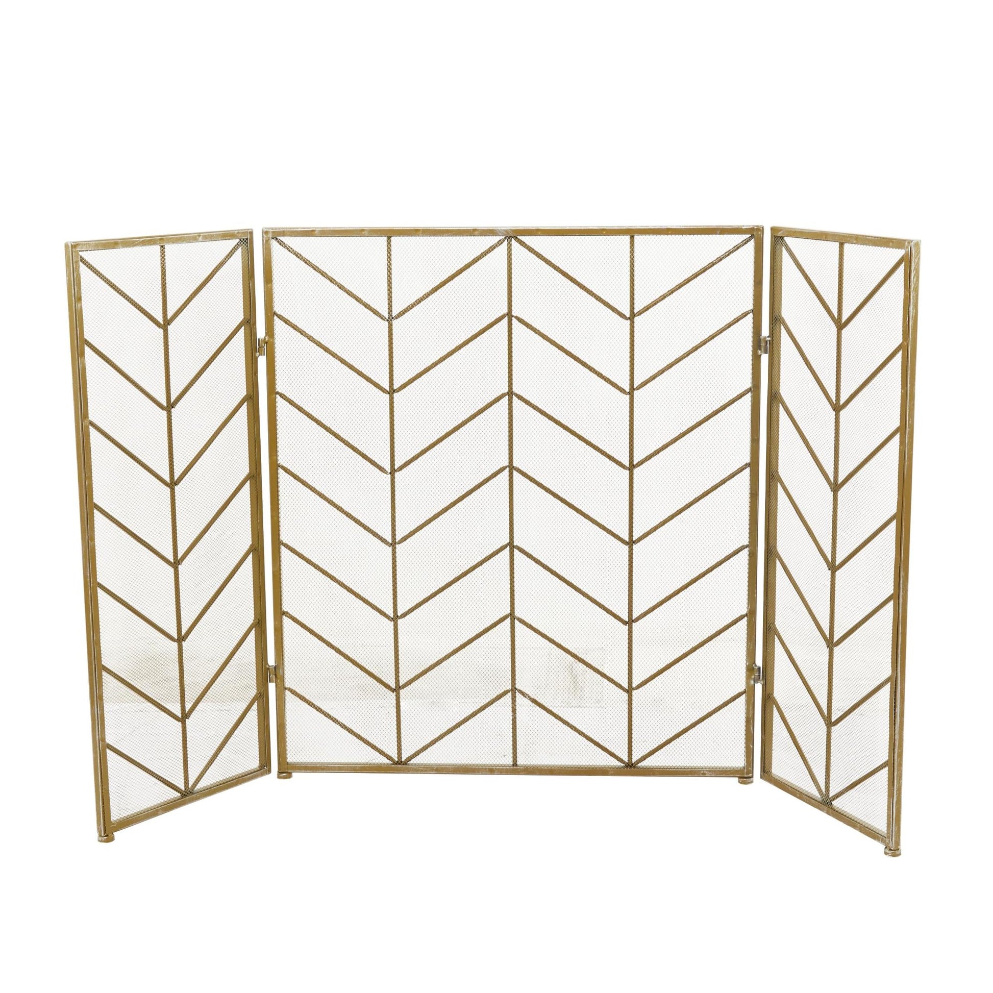 Geometric Metal Foldable Mesh Netting 3 Panel Living Room Fireplace Screen with Chevron Pattern