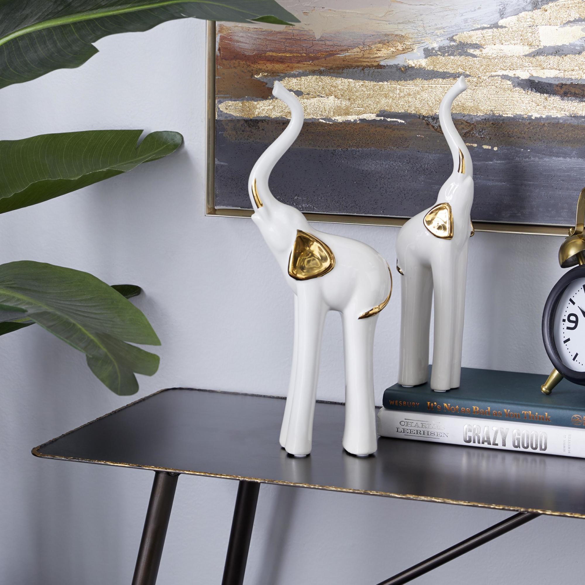 Set of 2 Elephant Gold Porcelain Ceramic Decorative Sculpture