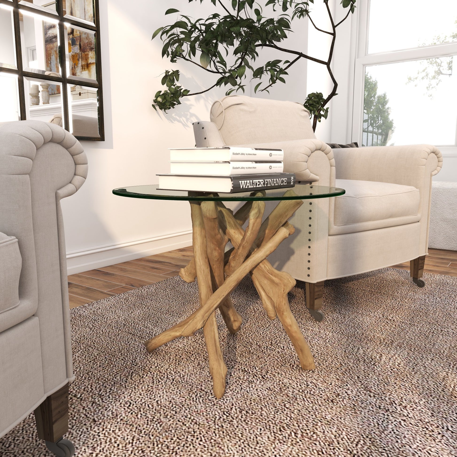 Brown Wood Handmade Tree Branch Side End Accent Table with Clear Glass Top