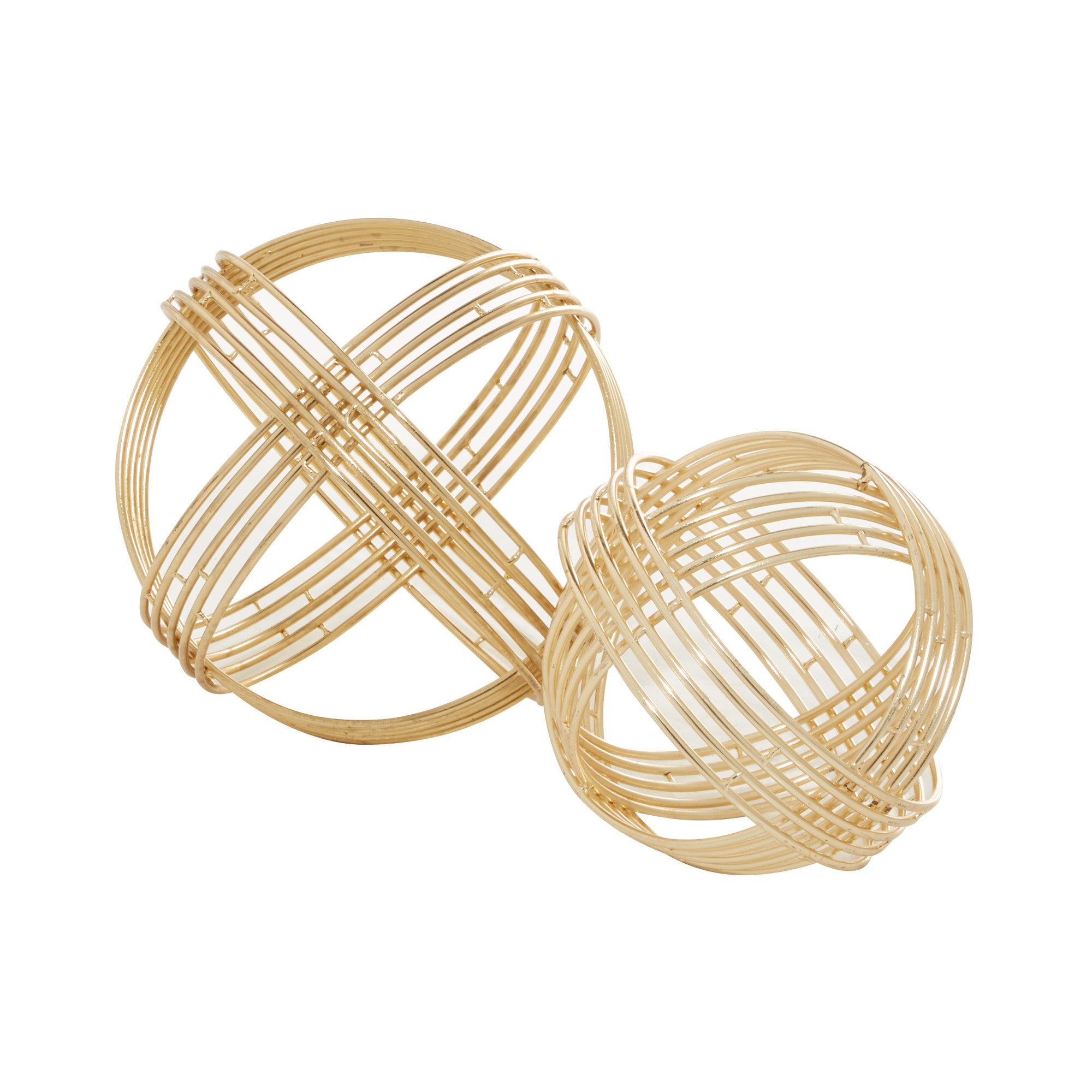 Set of 2 Geometric Gold Metal Layered Orb Decorative Sculpture