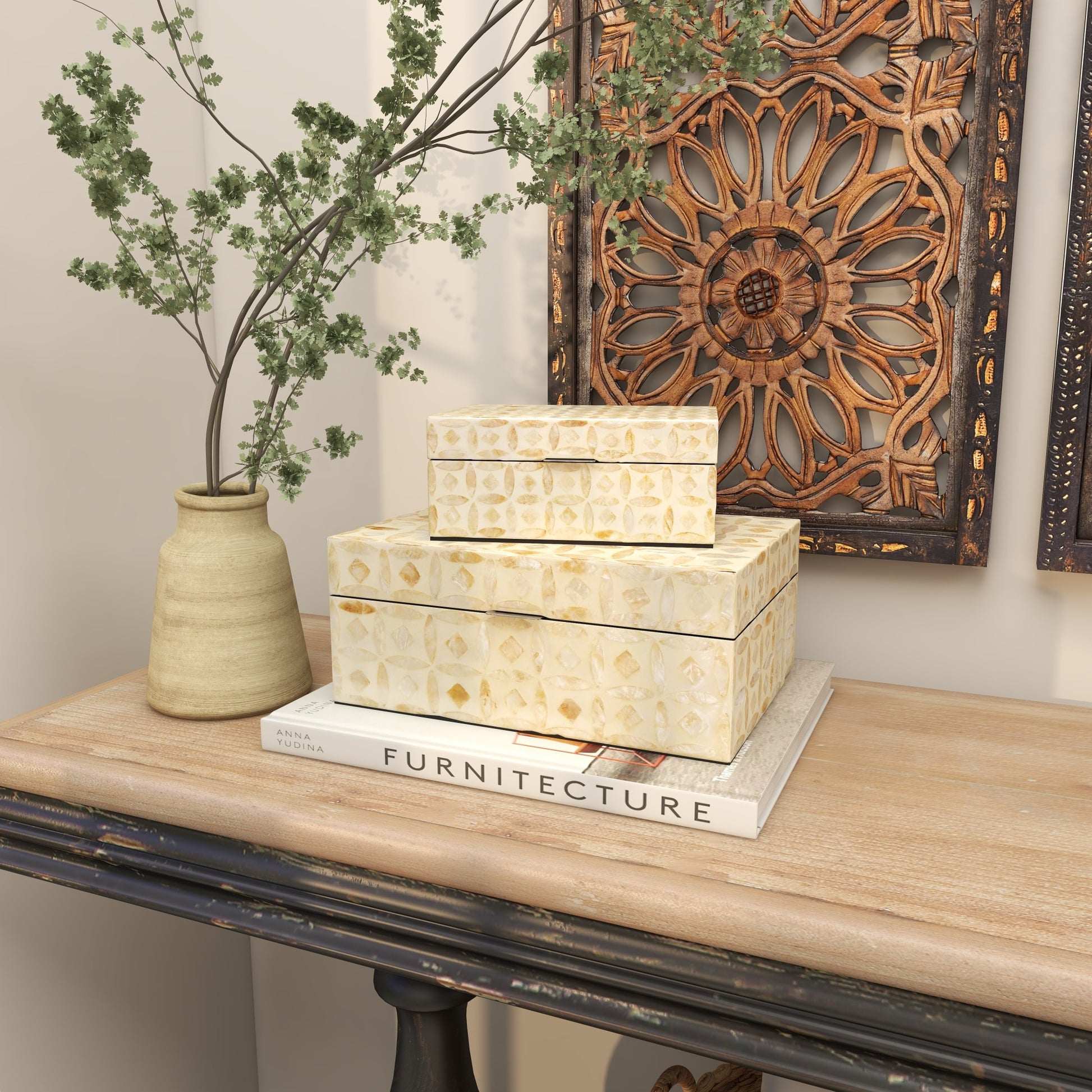 Set of 2 Moroccan Beige Mother of Pearl Shell Mosaic Storage Decorative Box with Taupe Accents