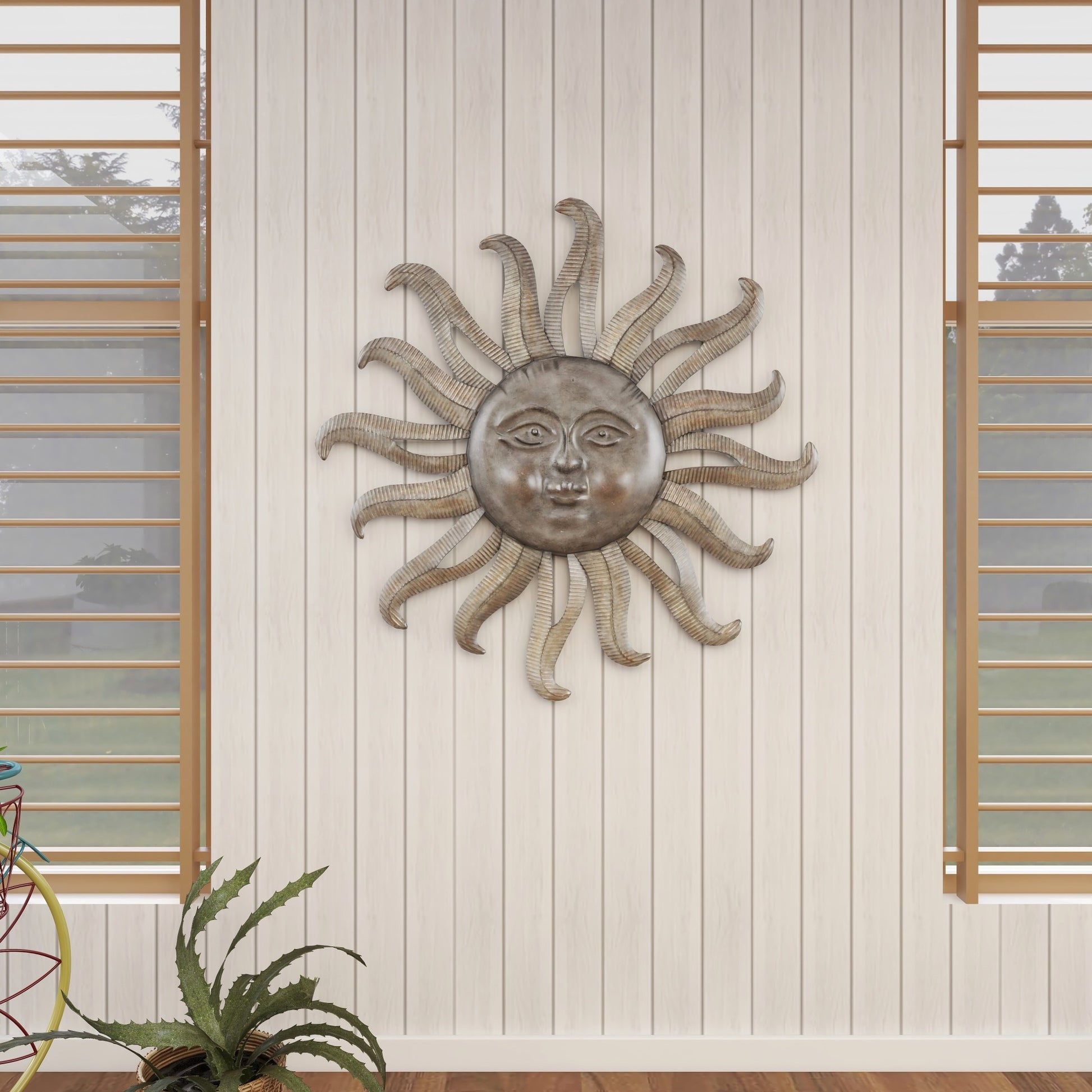 Sun Gray Metal Indoor Outdoor Face Home Wall Decor with Ribbed Detailing