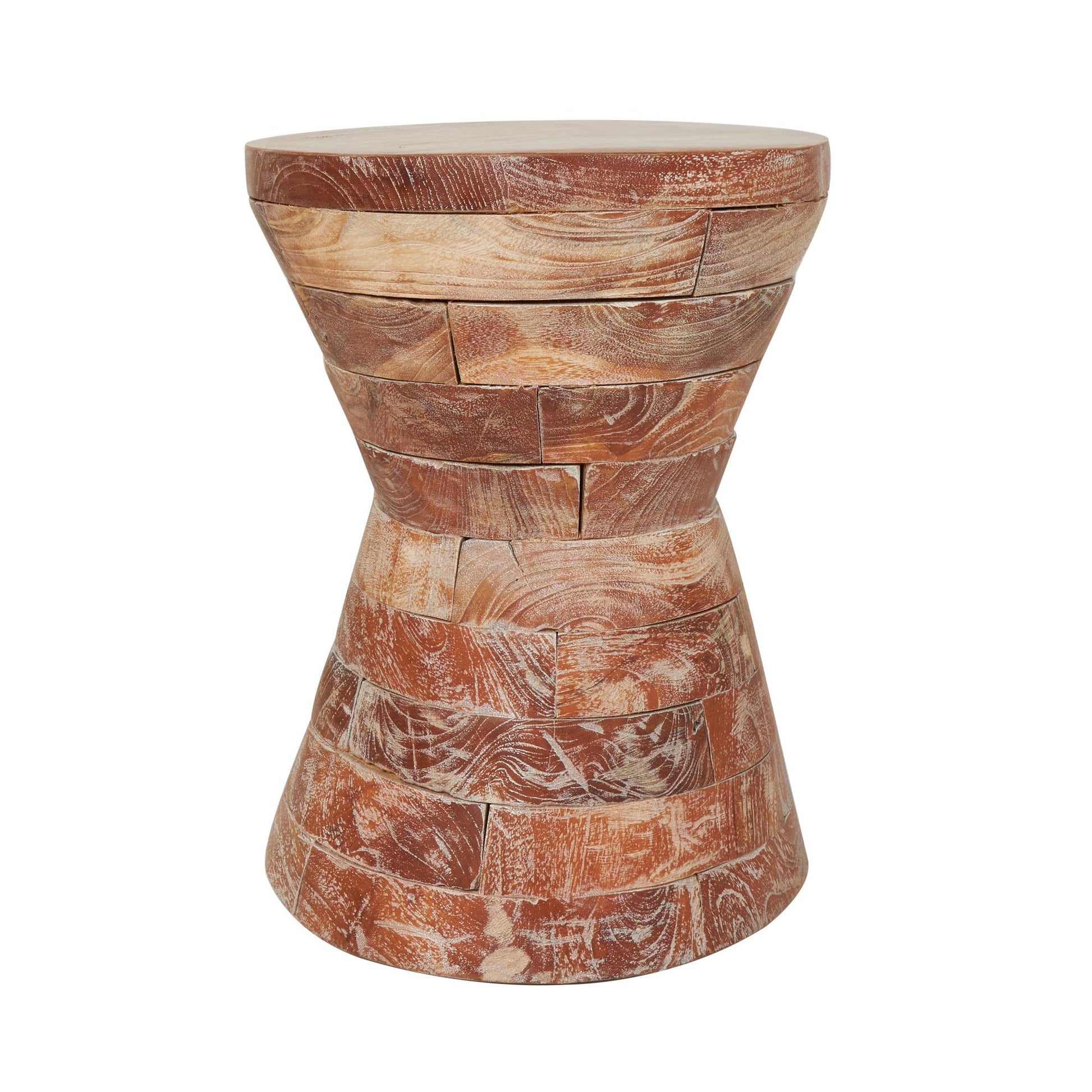 Geometric Teak Wood Handmade Hourglass Side End Accent Table with Stacked Wood Pieces