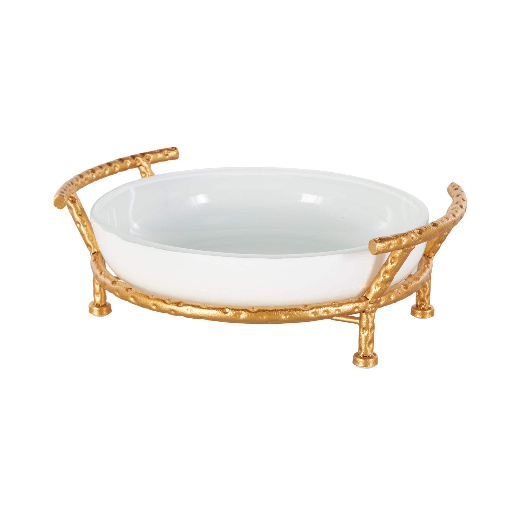 Kitchen White Tempered Glass Decorative Serving Bowl with Gold Metal Stand