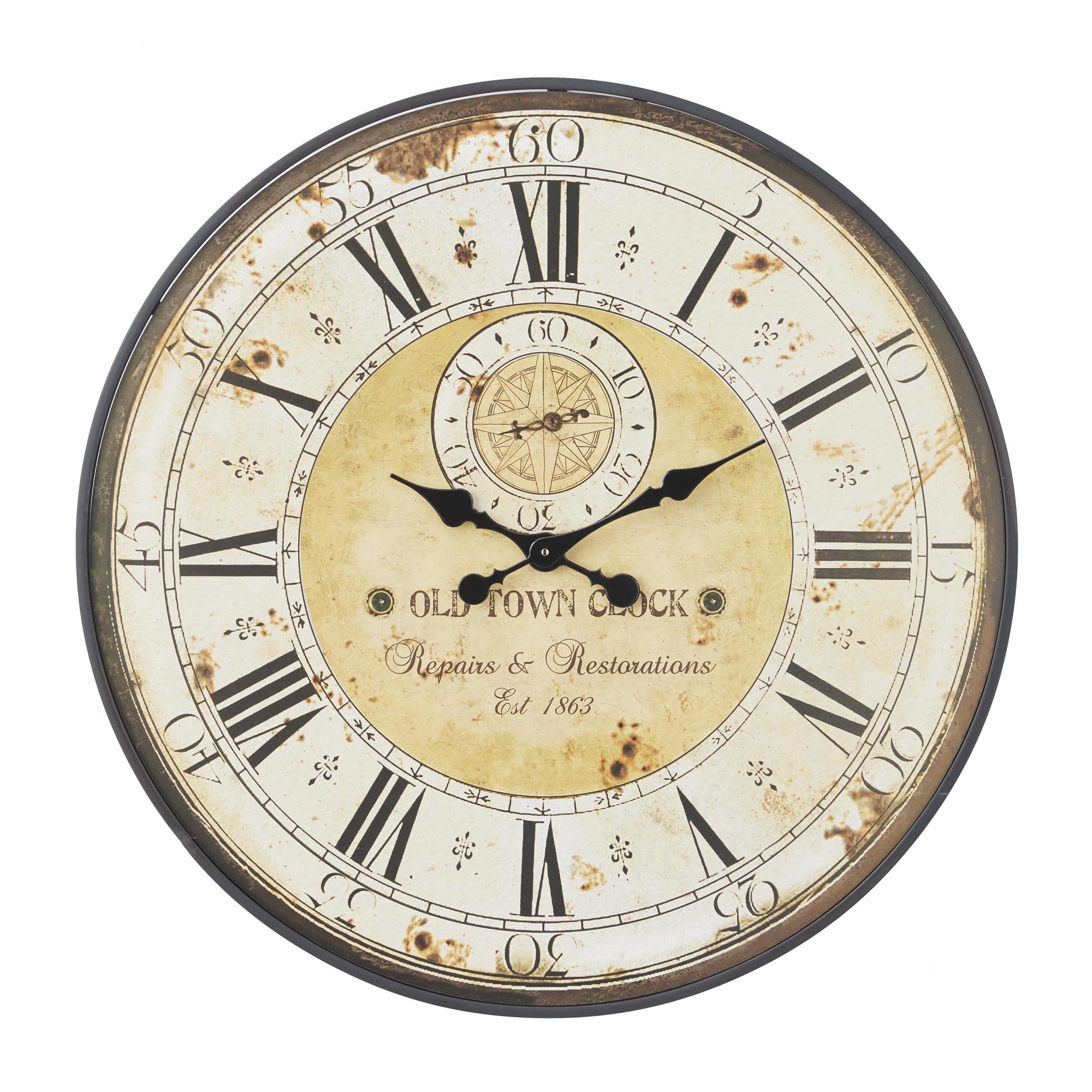 Star Brown Wooden Distressed Vintage Style Decorative Wall Clock with Black Typography and Roman Numerals