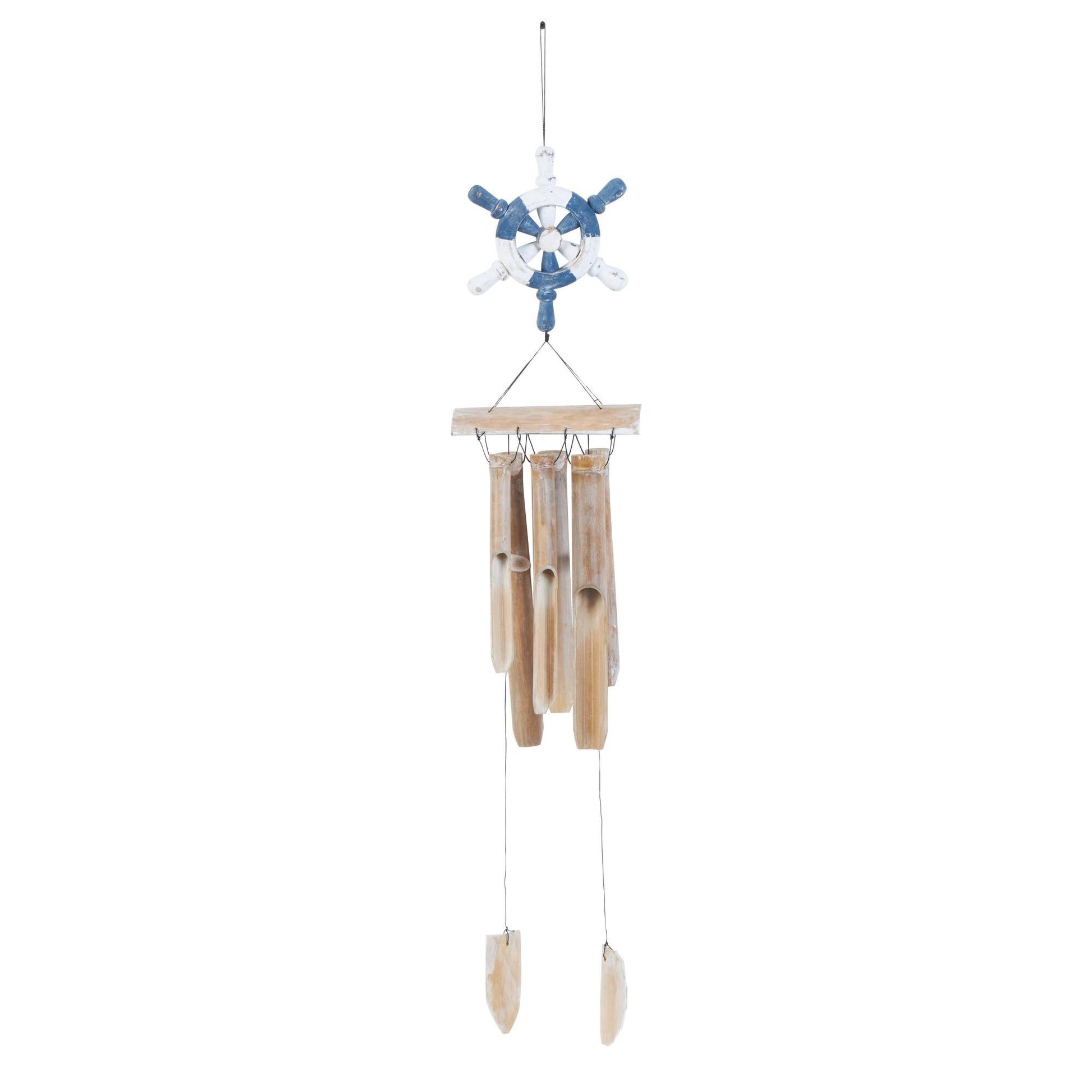 Ship Wheel Blue Bamboo Wood Handmade Indoor Outdoor Windchime with Log Chimes