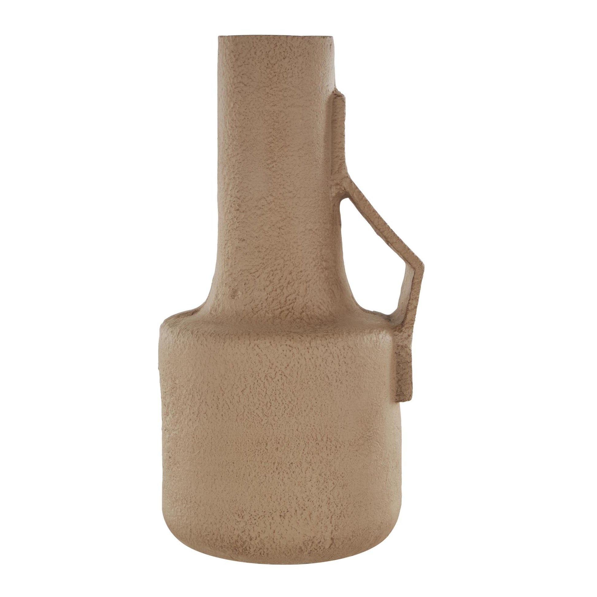 Abstract Brown Paper Mache Distressed Textured Decorative Vase with Triangular Handle