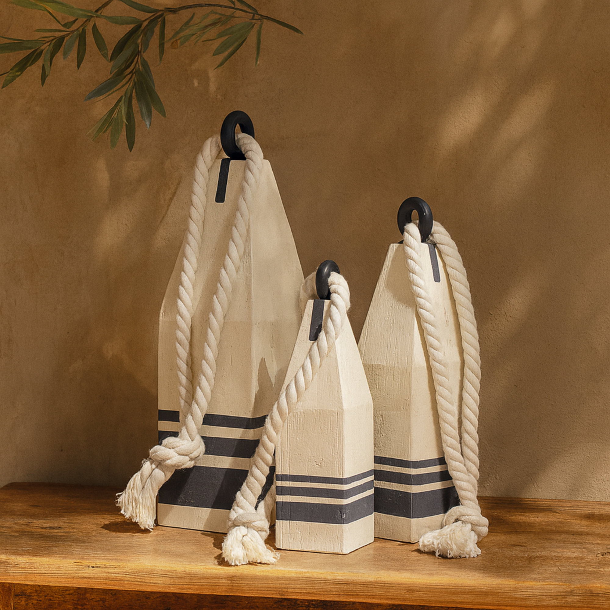 Set of 3 Buoy White Wood Handmade Decorative Sculpture with Rope Accents