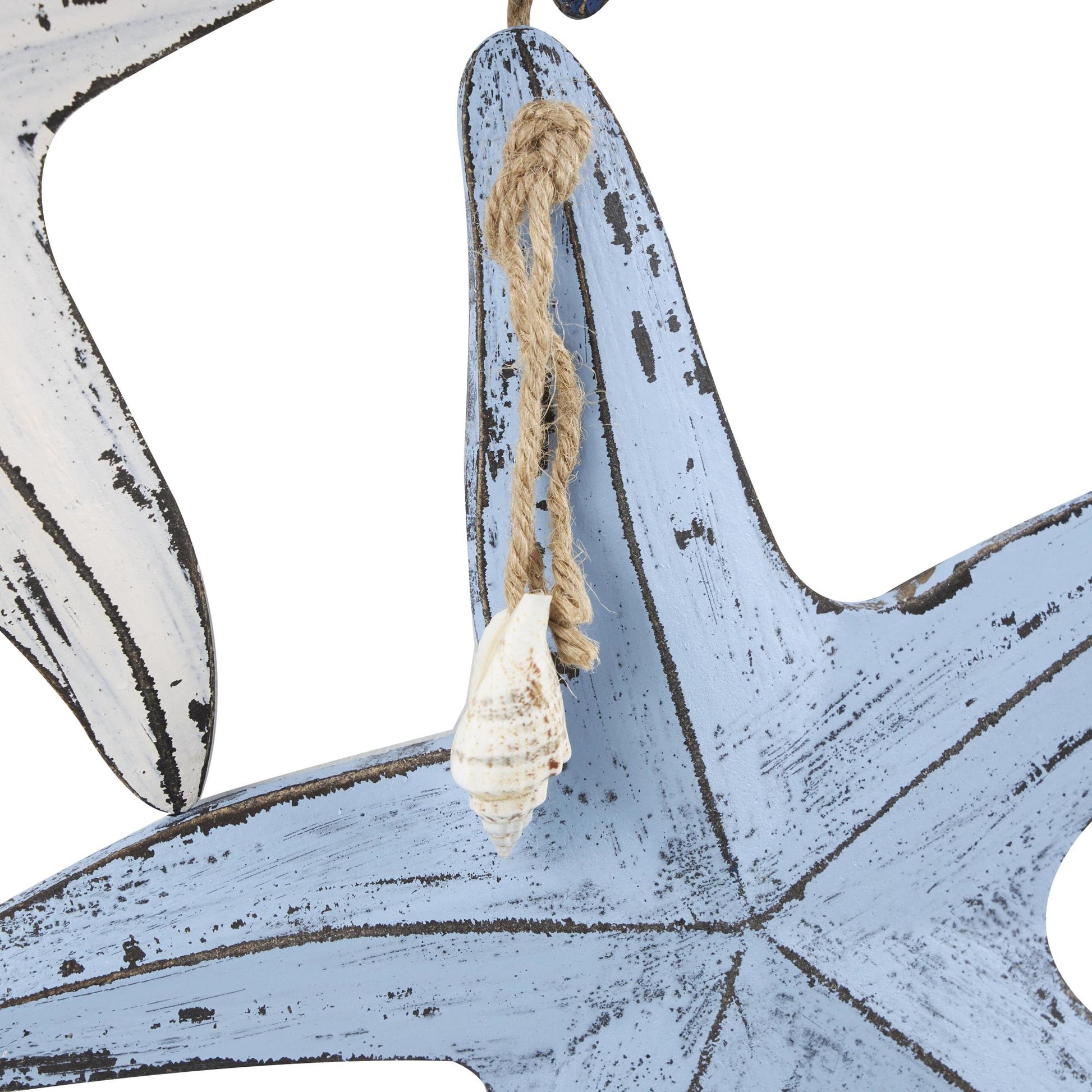Starfish Blue Wooden Distressed Layered Home Wall Decor with Hanging Rope and Decorative Shell Accents