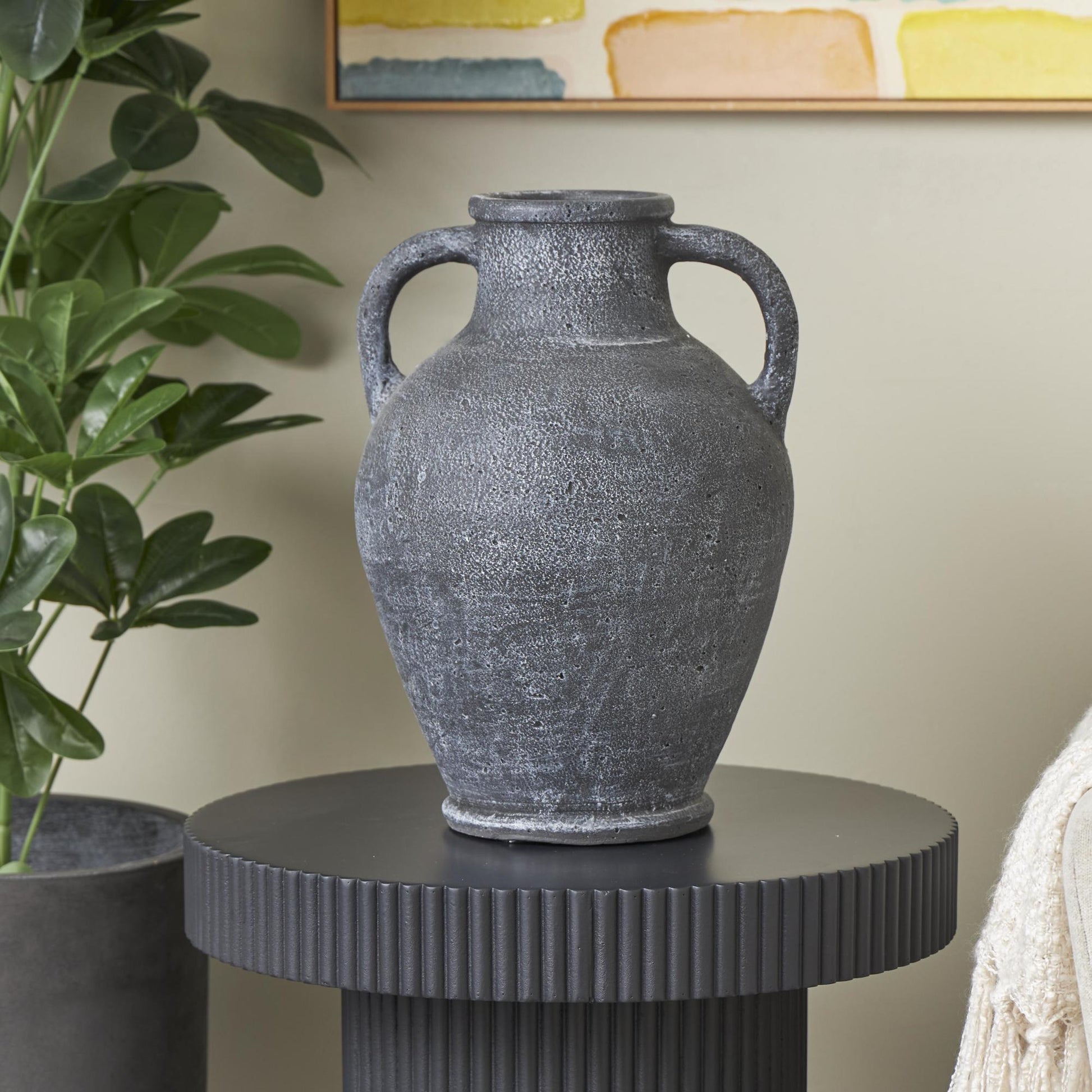 Black Ceramic Whitewashed Textured Amphora Decorative Vase with 2 Handles