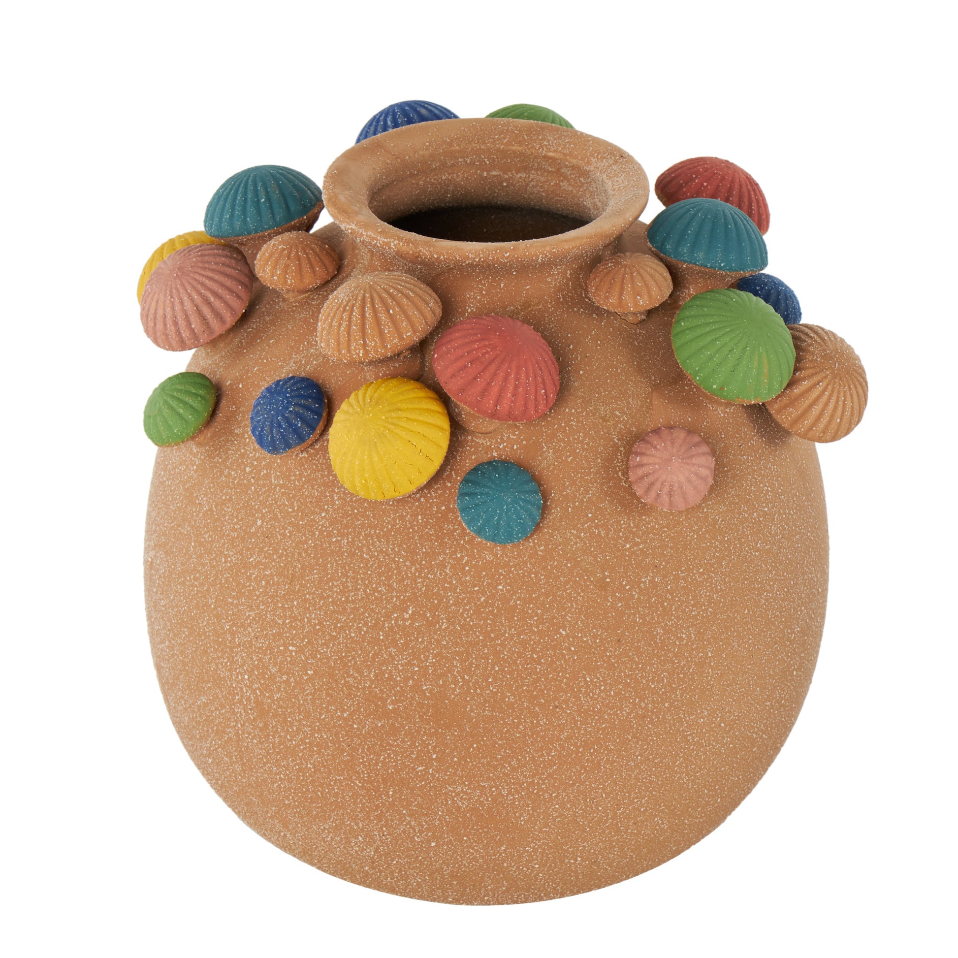 Mushroom Brown Ceramic Round Wide Decorative Vase with Multicolor Accents and White Speckles
