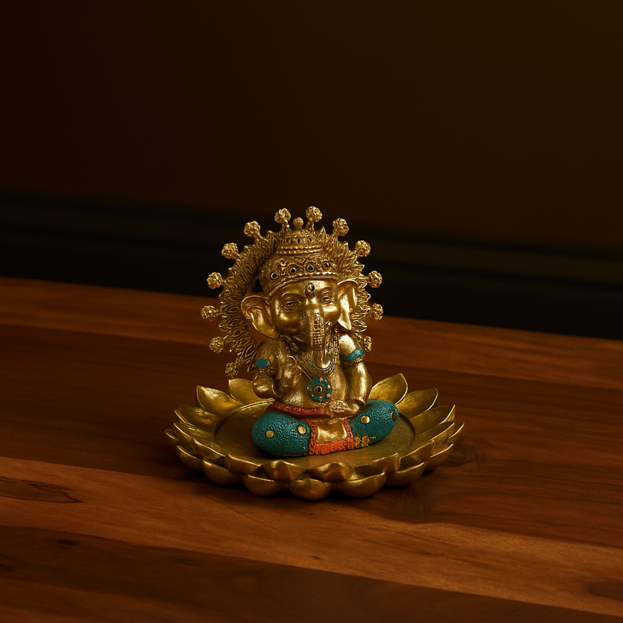 Ganesh Gold Resin Decorative Sculpture with Lotus Plate and Colorful Dresswear