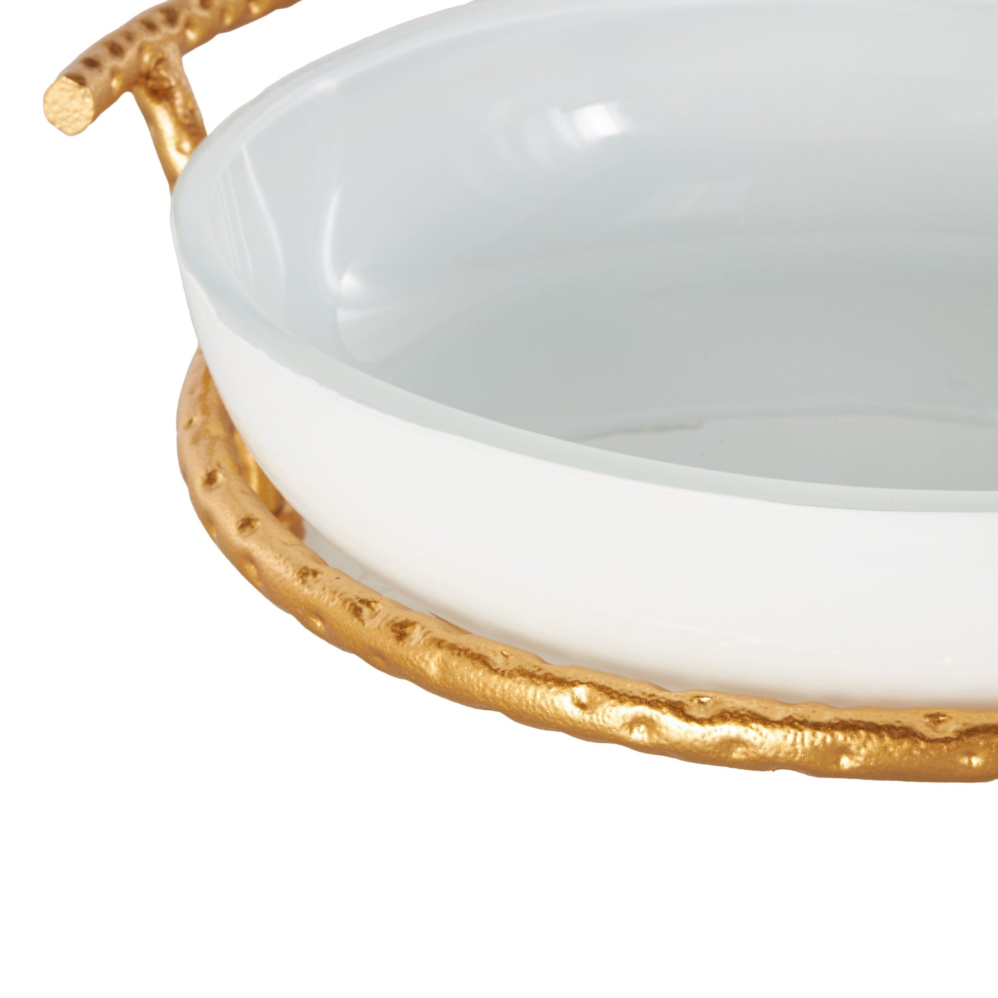 Kitchen White Tempered Glass Decorative Serving Bowl with Gold Metal Stand